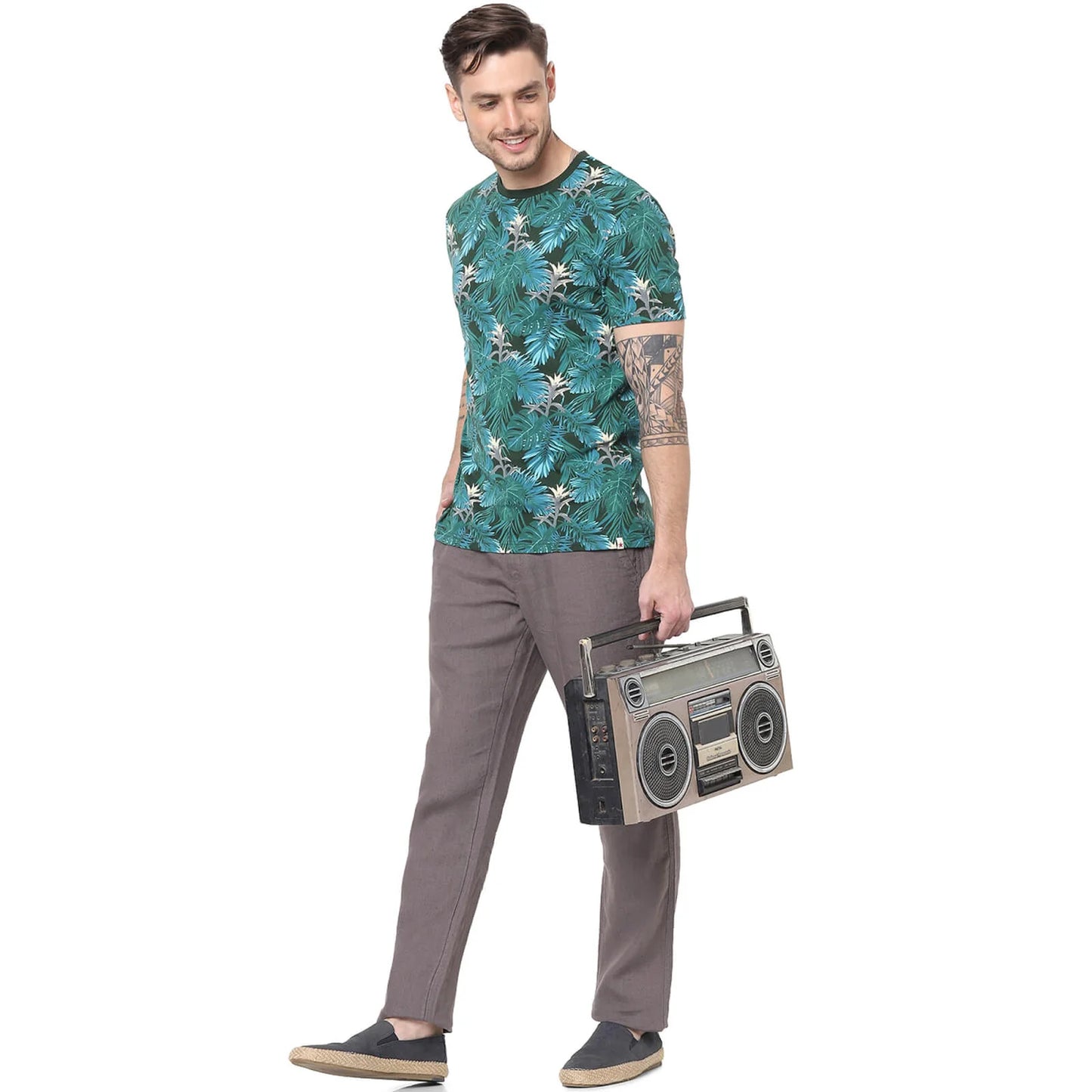 Celio* Floral Regular Fit Cotton Green T-Shirt