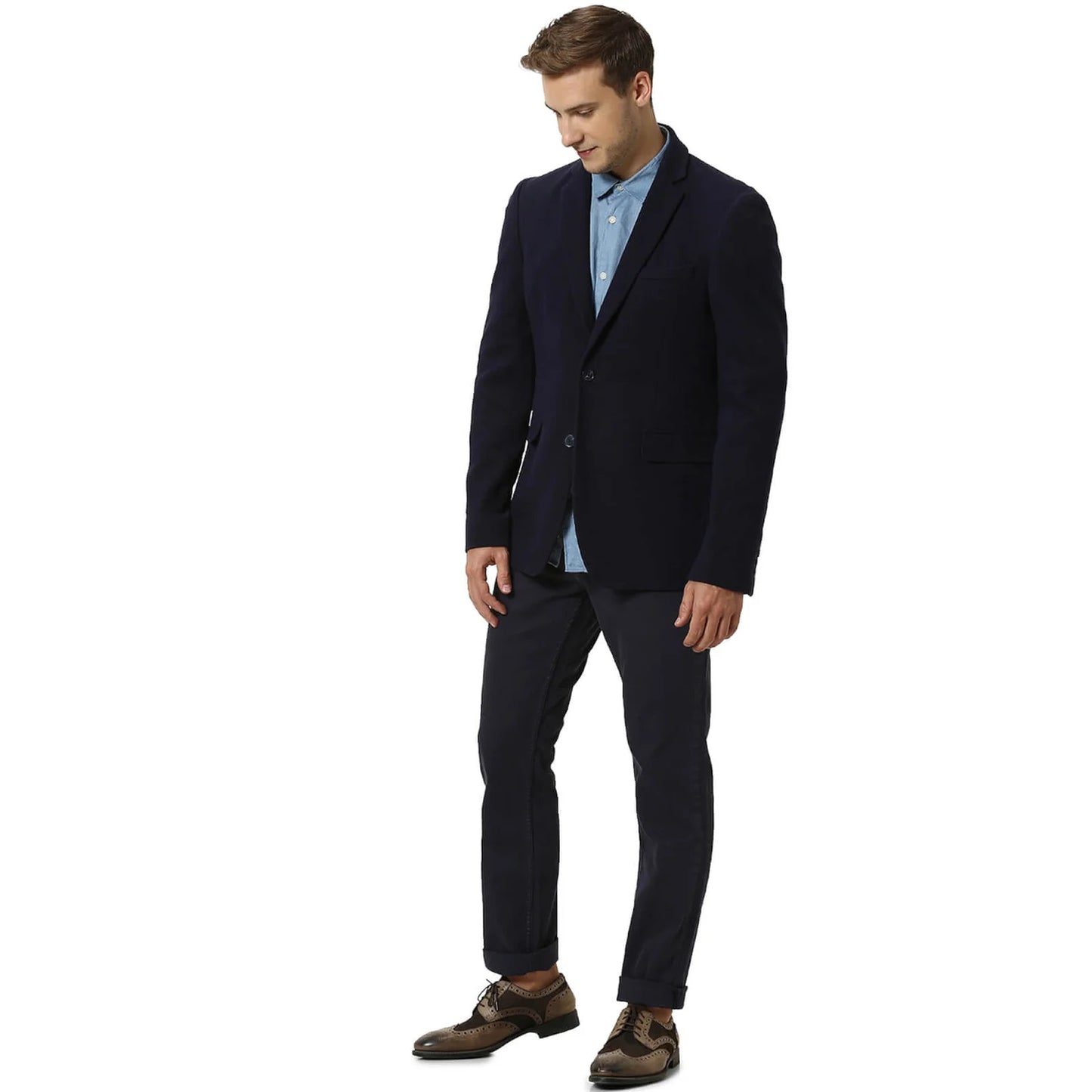 Celio* Solid Regular Fit Cotton-Blend Blue Blazer