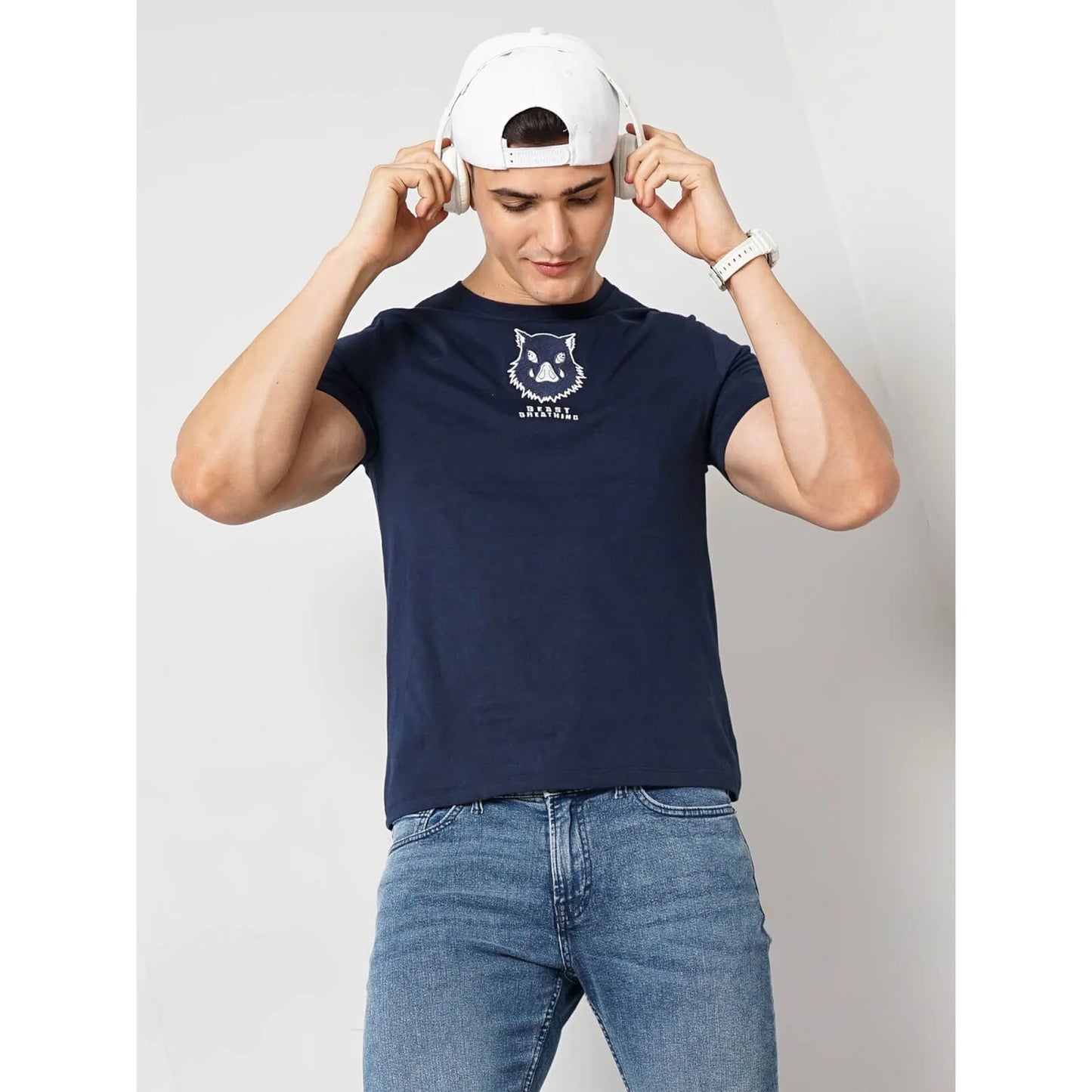 Celio* Demon Slayer Regular Fit Cotton Navy Blue T-Shirt