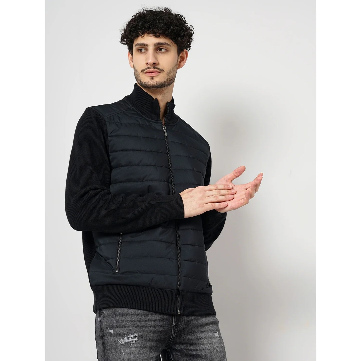 Celio* Solid Regular Fit Cotton-Poly-Blend Black Jacket