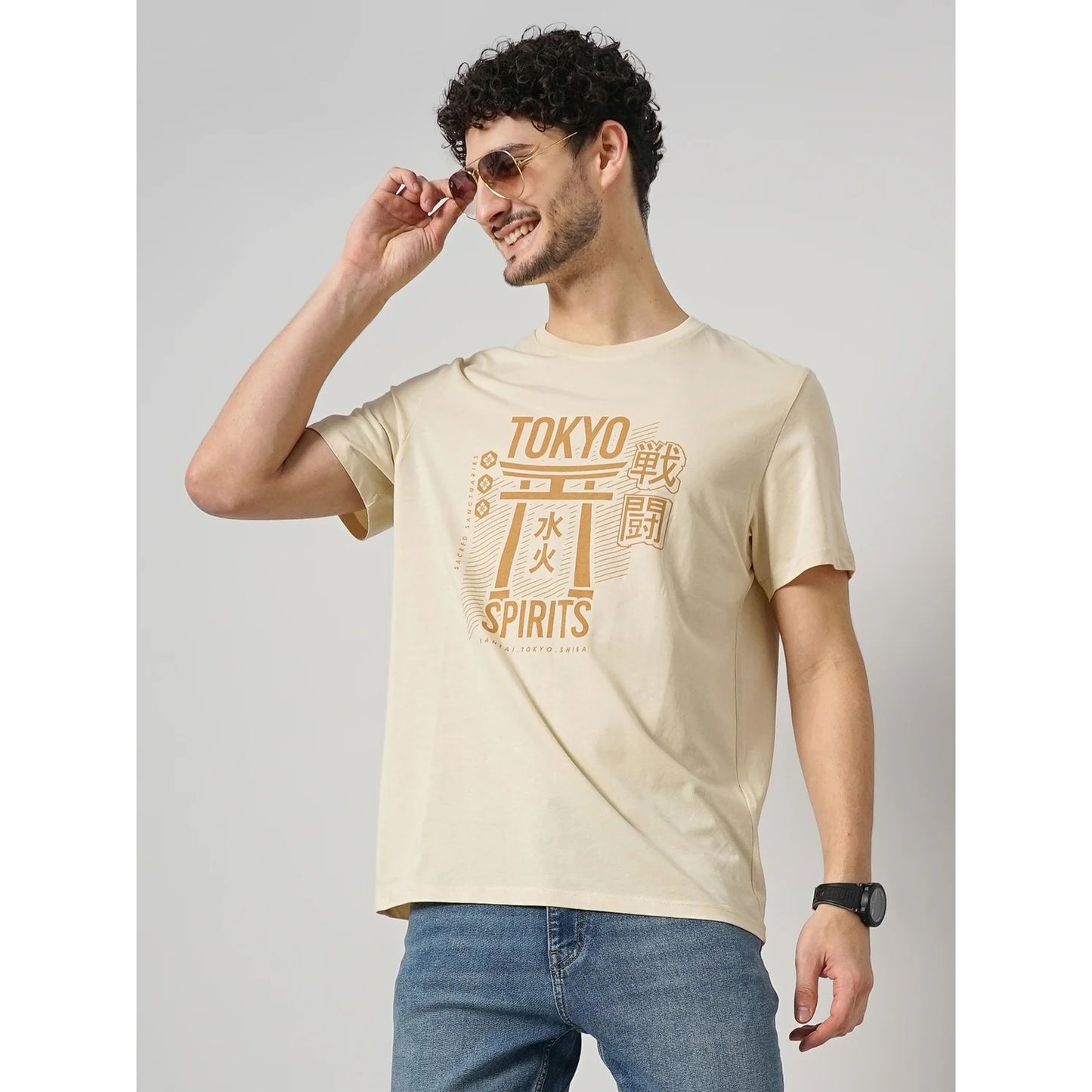 Celio* Graphics Regular Fit Cotton Beige T-Shirt