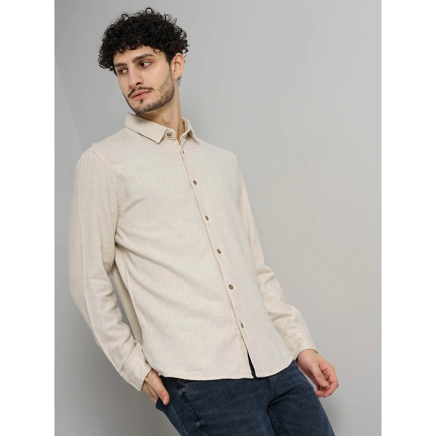 Celio* Solid Regular Fit Cotton Beige Shirt