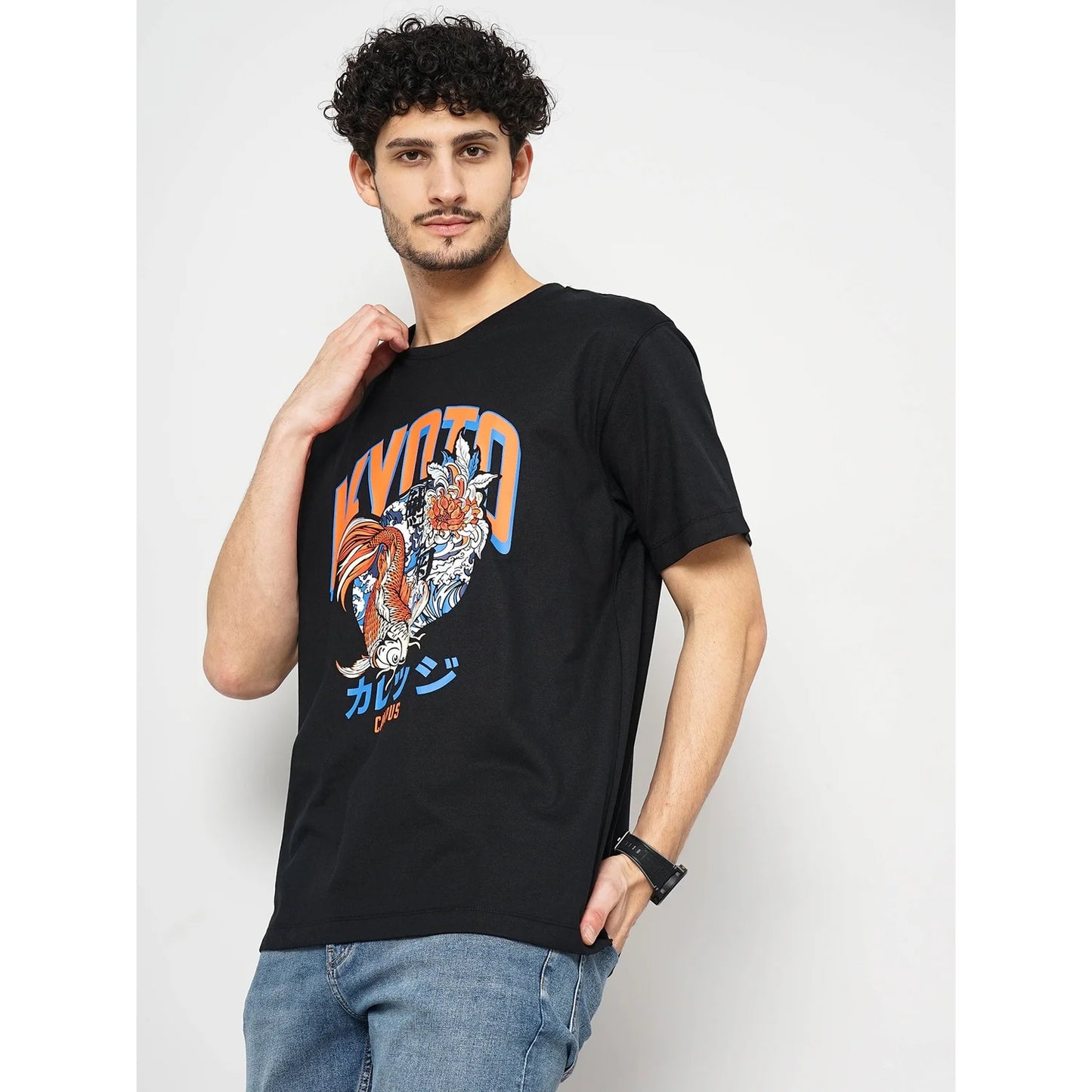 Celio* Graphics Regular Fit Cotton Black T-Shirt