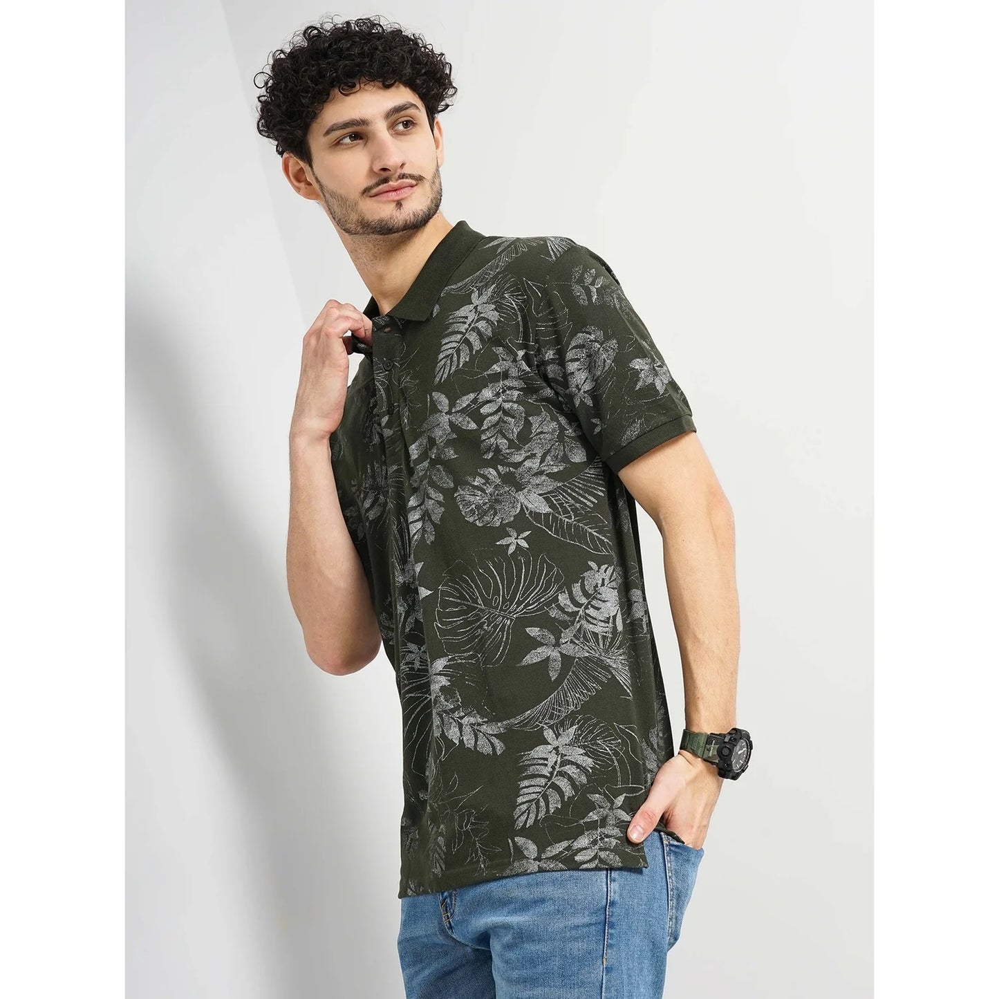 Celio* Floral Regular Fit Cotton Green T-Shirt