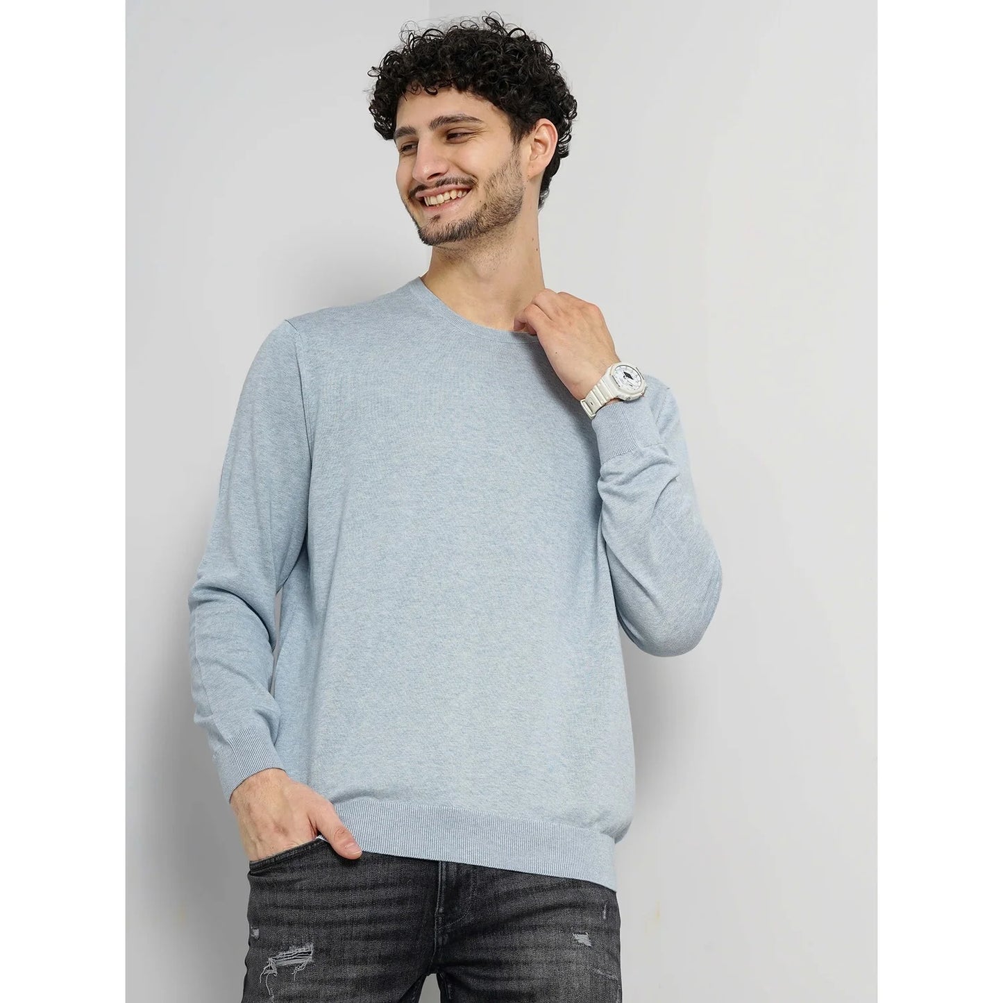 Celio* Solid Regular Fit Cotton Light Blue Sweater