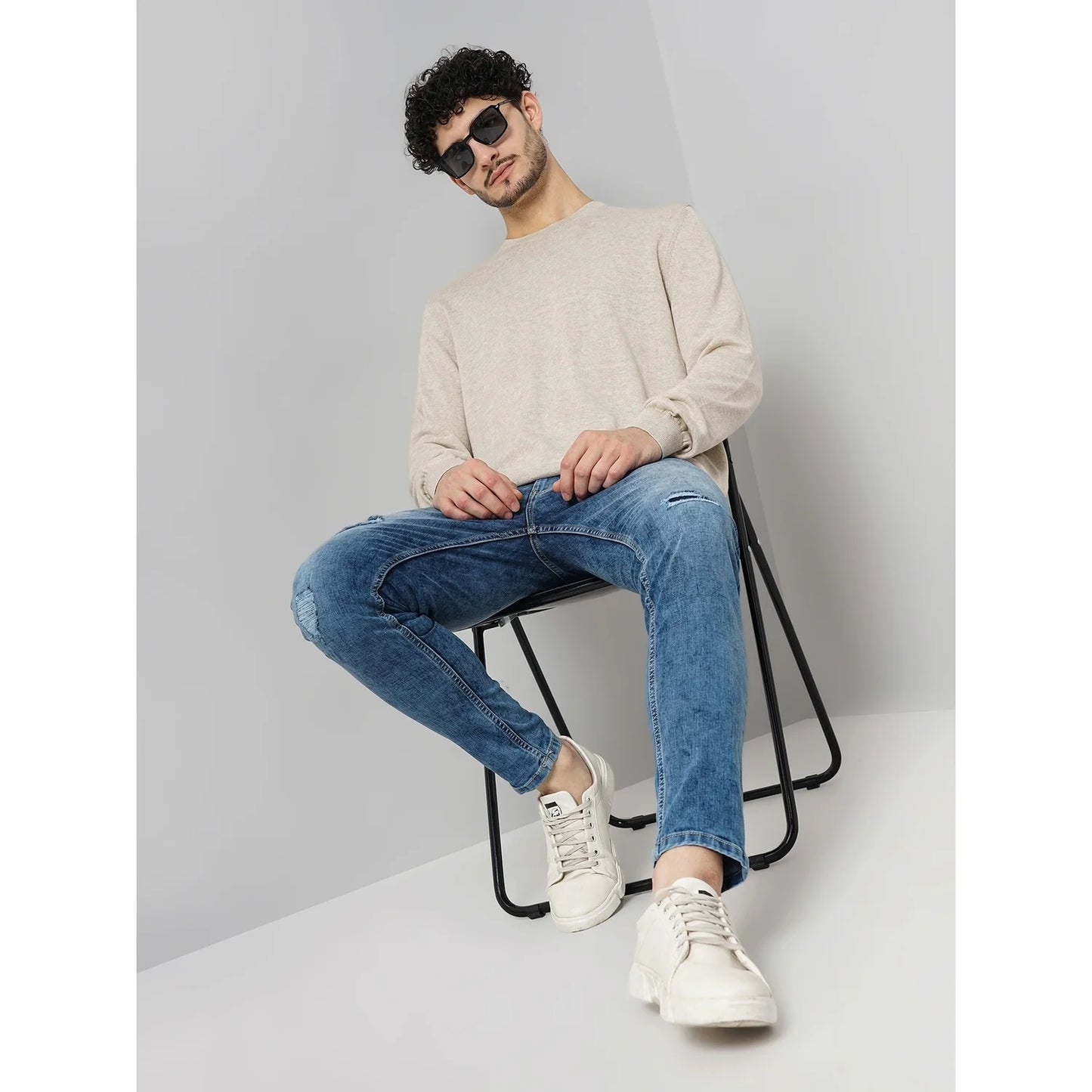 Celio* Solid Regular Fit Cotton Beige Sweater