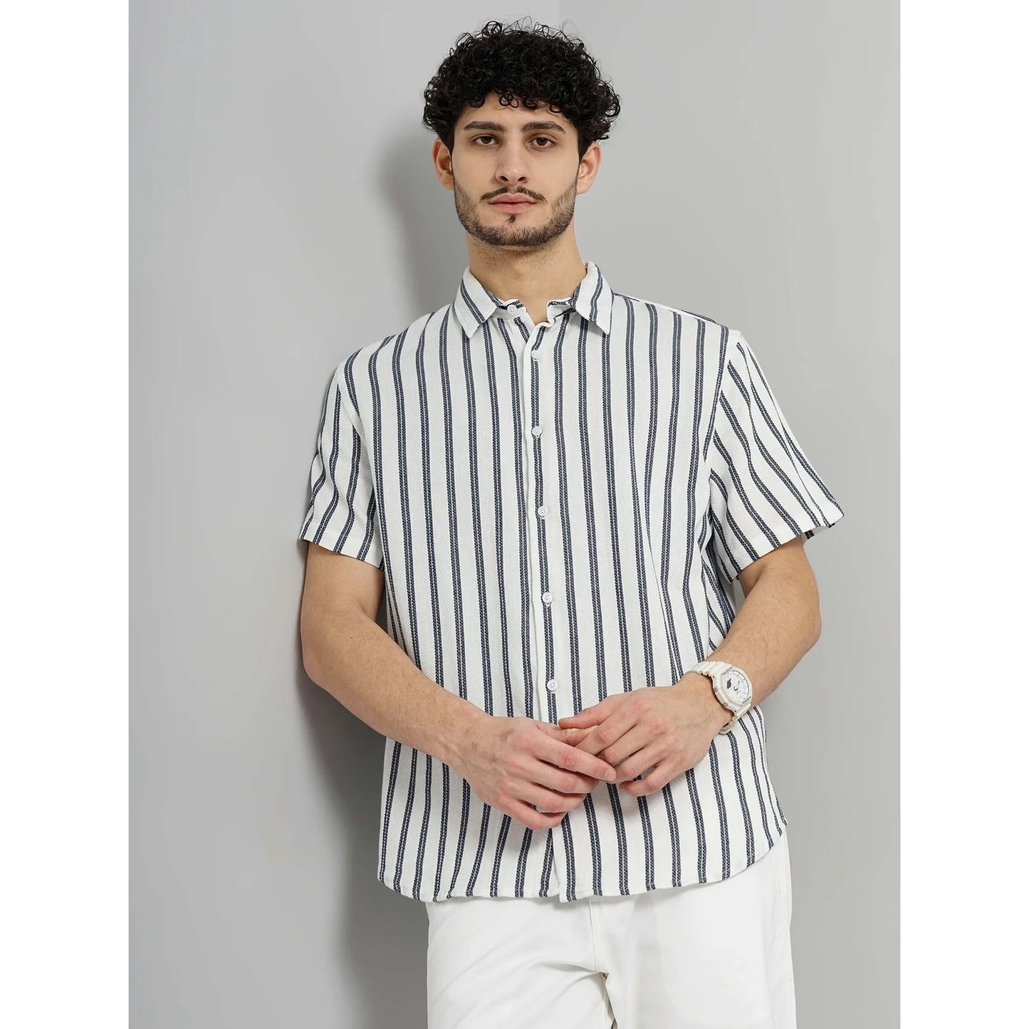 Celio* Striped Regular Fit Cotton White Shirt