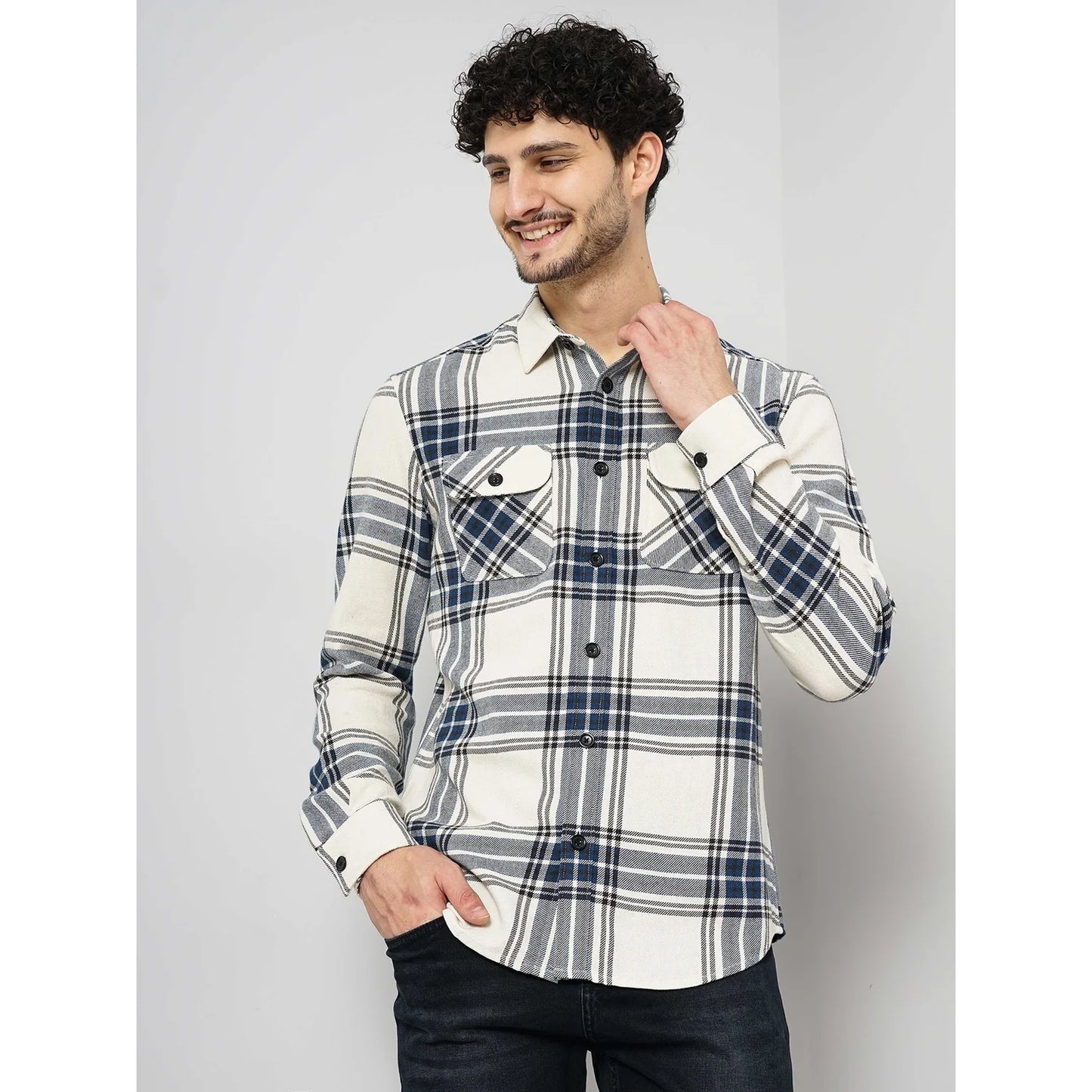Celio* Checked Regular Fit Cotton Beige Shirt