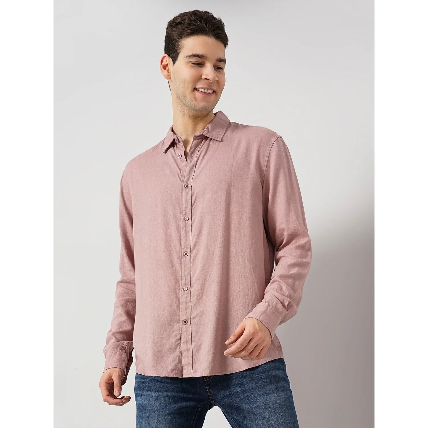 Celio* Solid Regular Fit Linen Pink Shirt