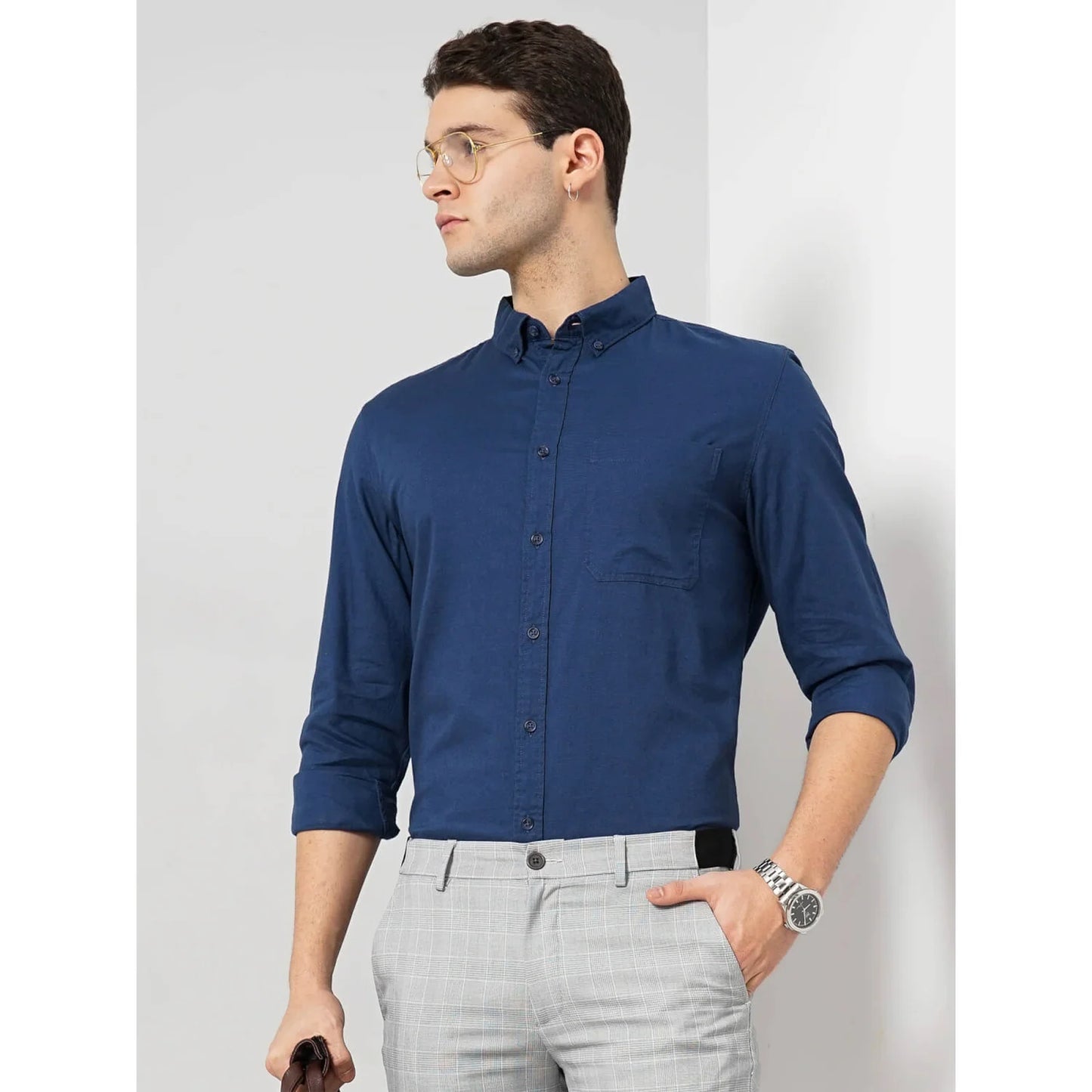 Celio* Solid Regular Fit Cotton Blue Shirt