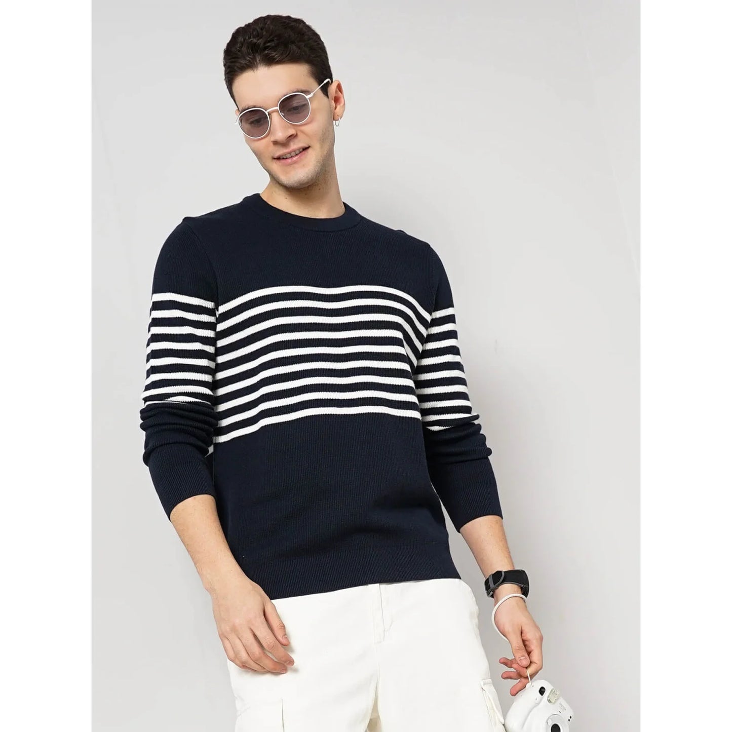 Celio* Striped Regular Fit Cotton Navy Blue Sweater