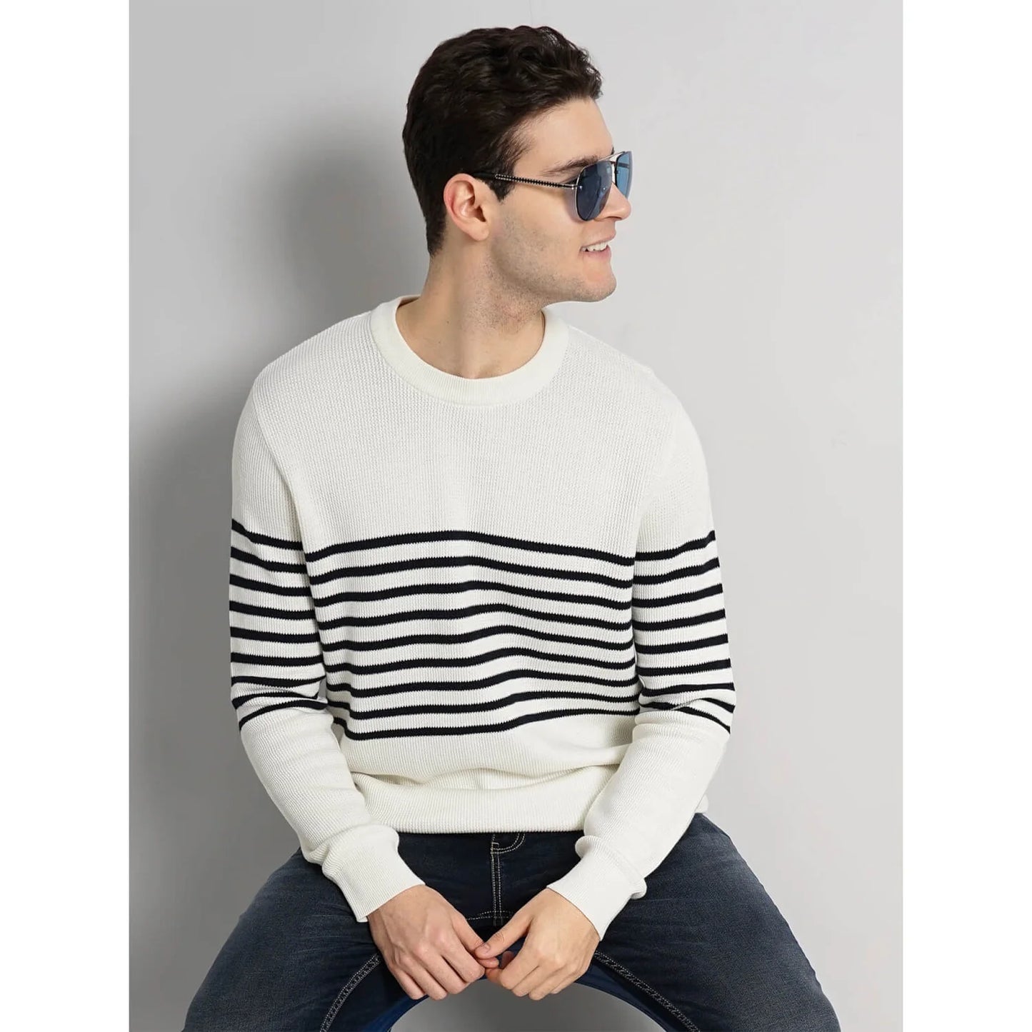 Celio* Striped Regular Fit Cotton White Sweater