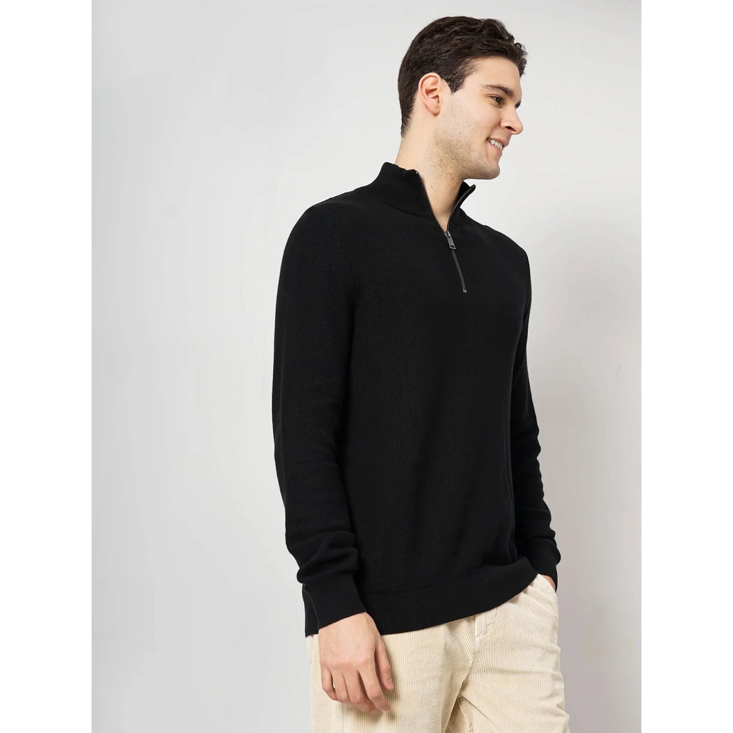 Celio* Solid Regular Fit Cotton Black Sweater