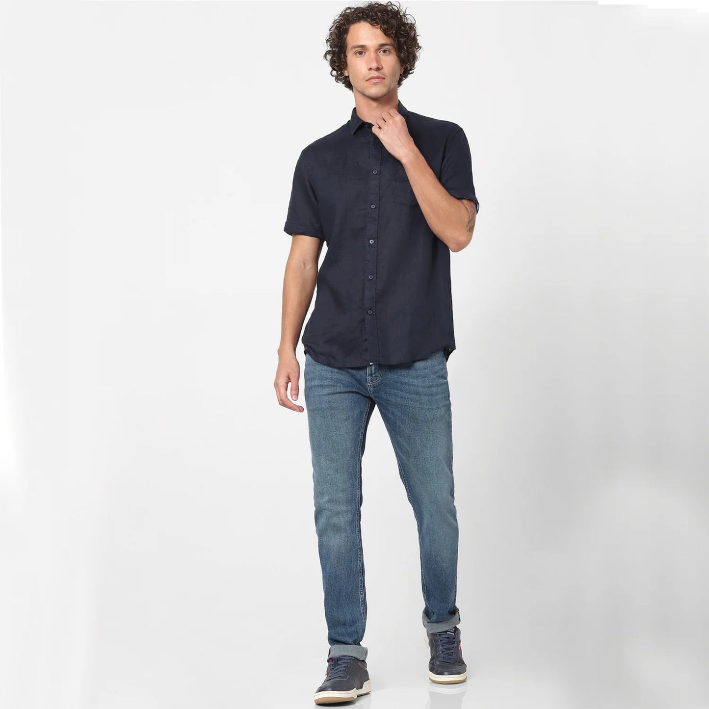 Celio* Solid Regular Fit Linen Navy Blue Shirt