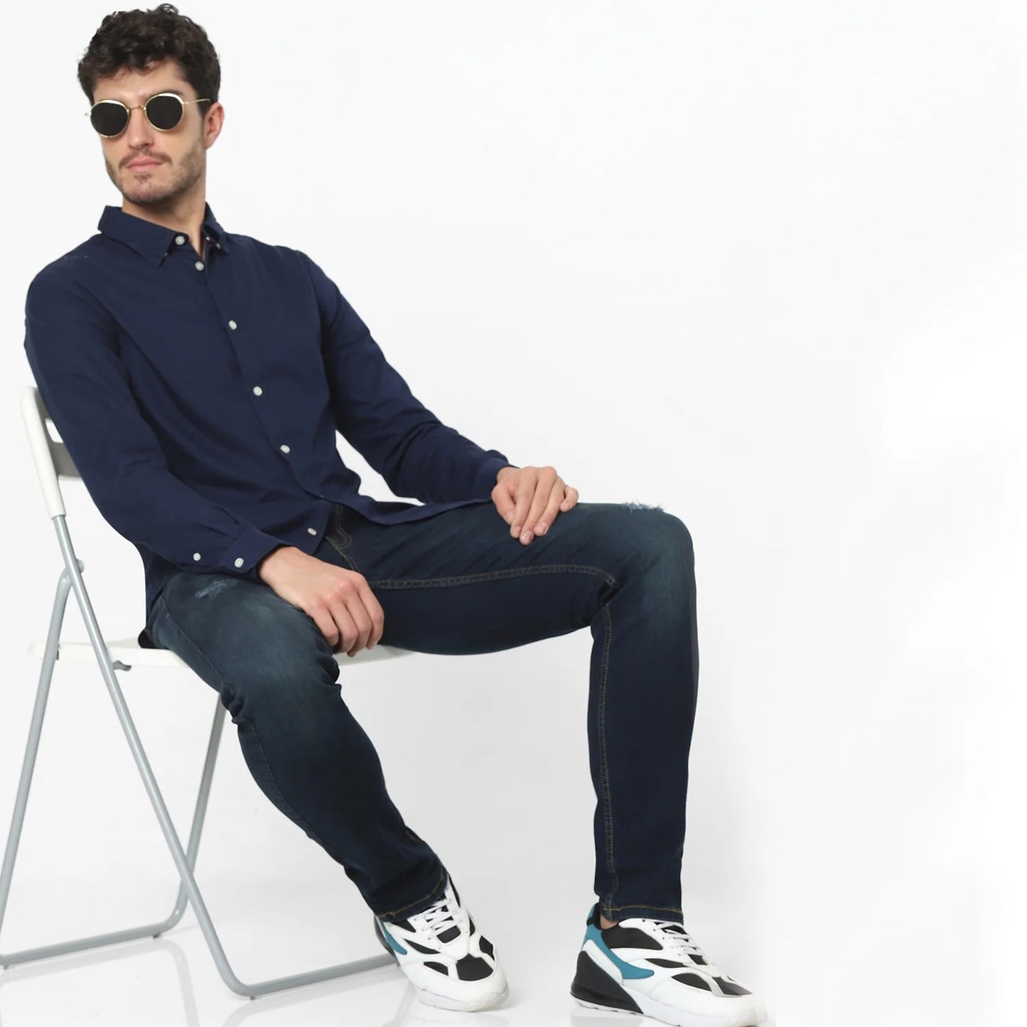 Celio* Solid Regular Fit Cotton Navy Blue Shirt