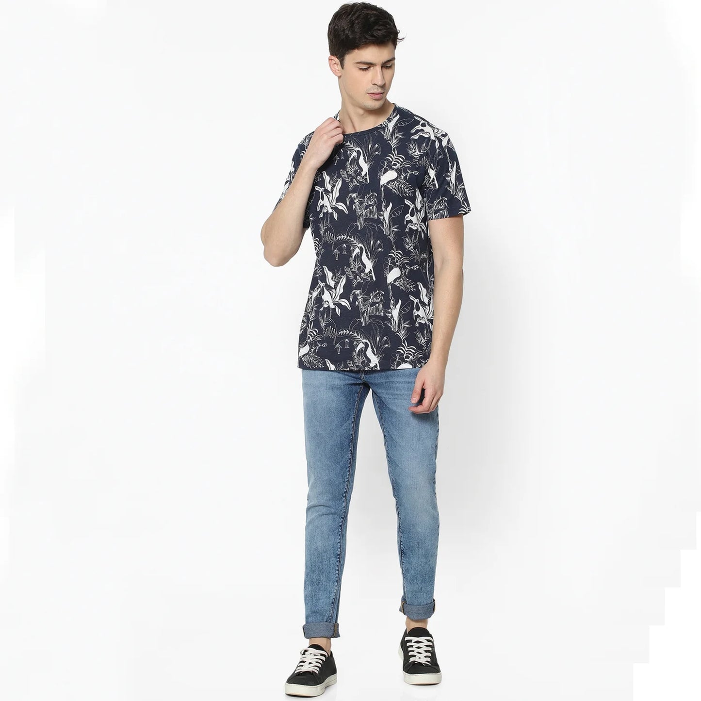 Celio* Printed Regular Fit Cotton Navy Blue T-Shirt