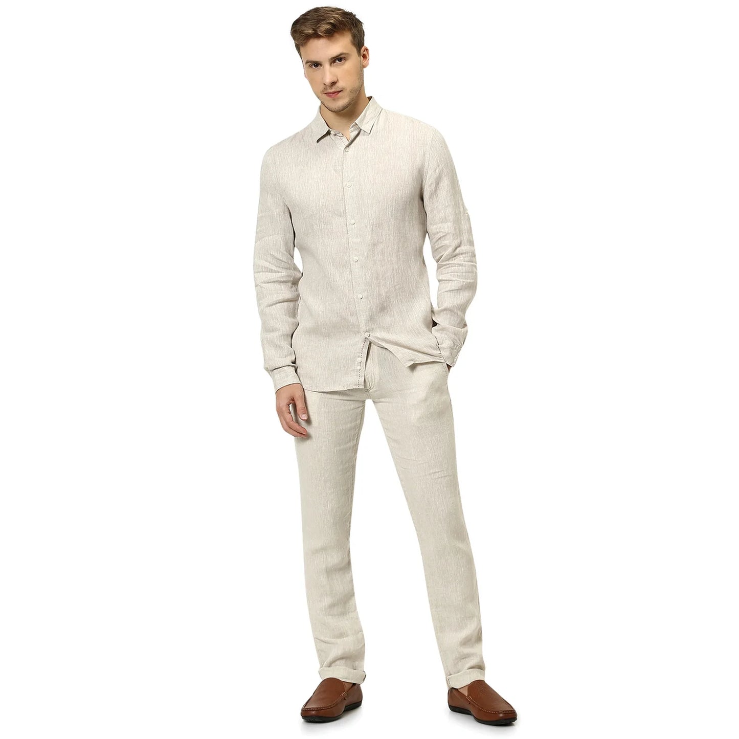 Celio* Solid Regular Fit Linen Beige Shirt