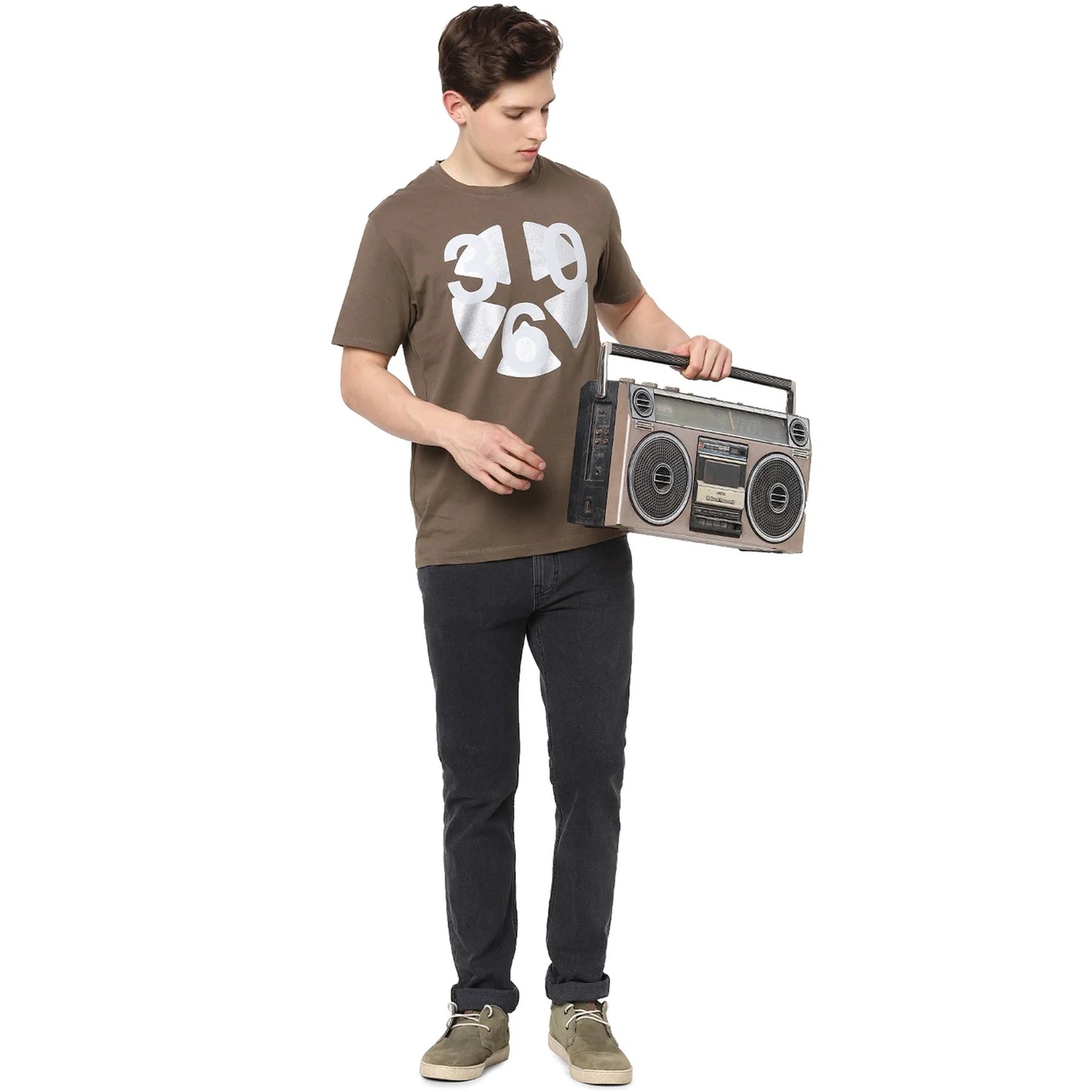 Celio* Printed Regular Fit Cotton Olive T-Shirt