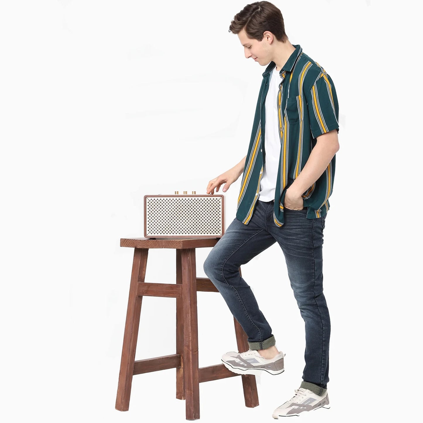 Celio* Striped Regular Fit Viscose Green Shirt