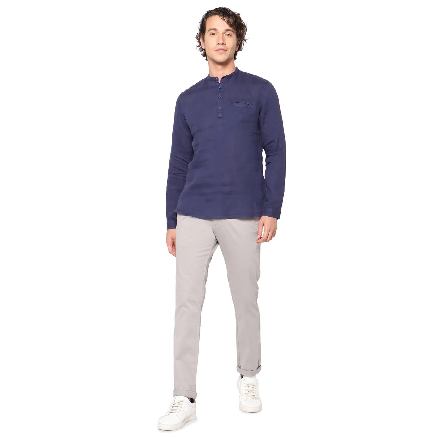Celio* Solid Regular Fit Linen Navy Blue Shirt