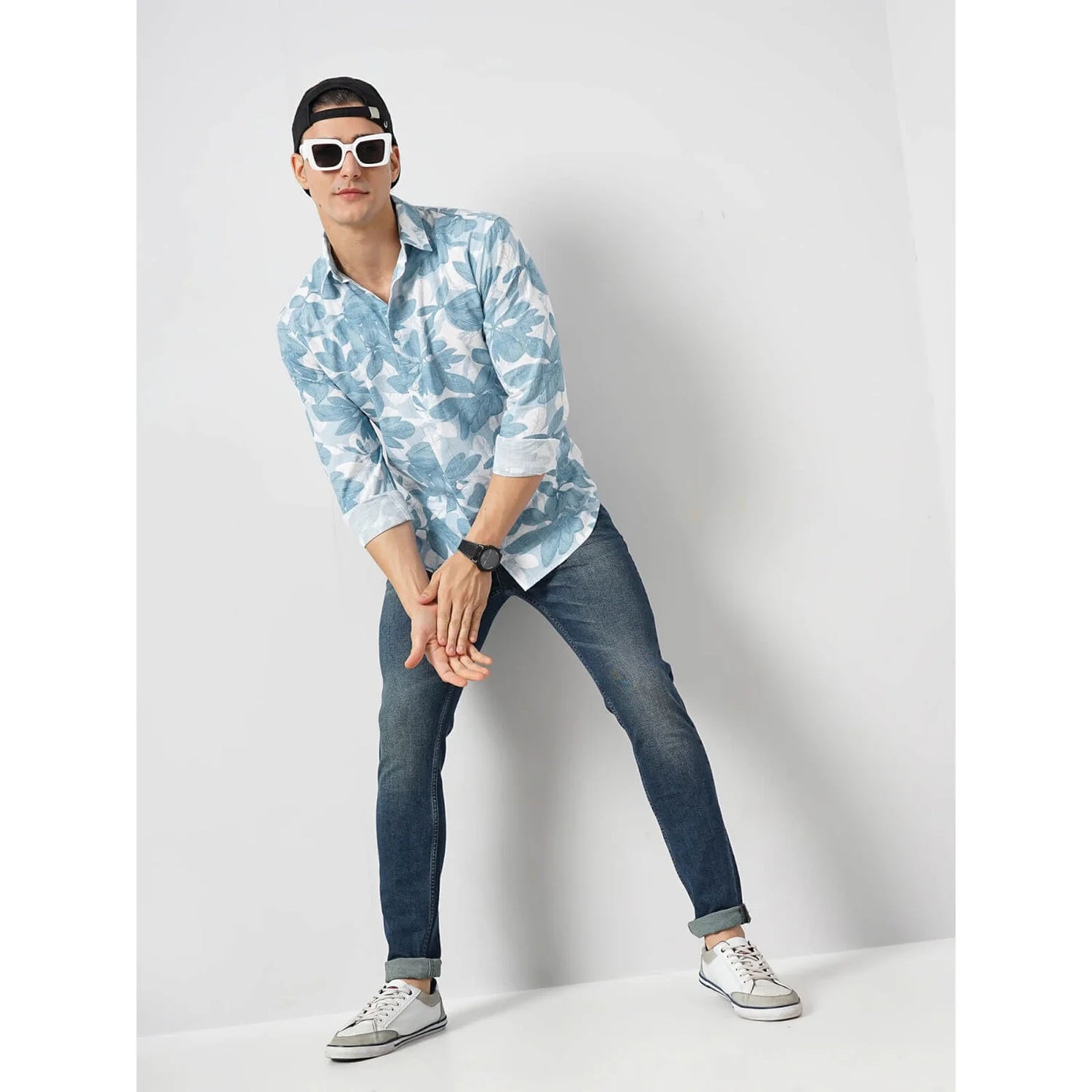 Celio* Floral Regular Fit Viscose Blue Shirt