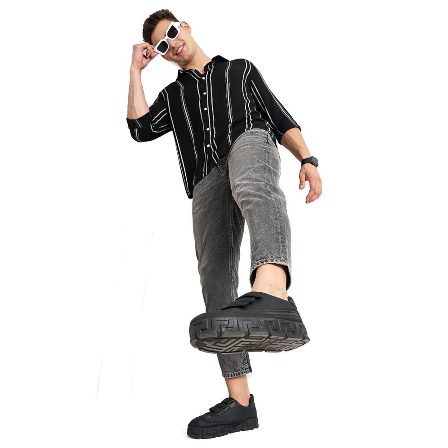 Celio* Striped Regular Fit Viscose Black Shirt