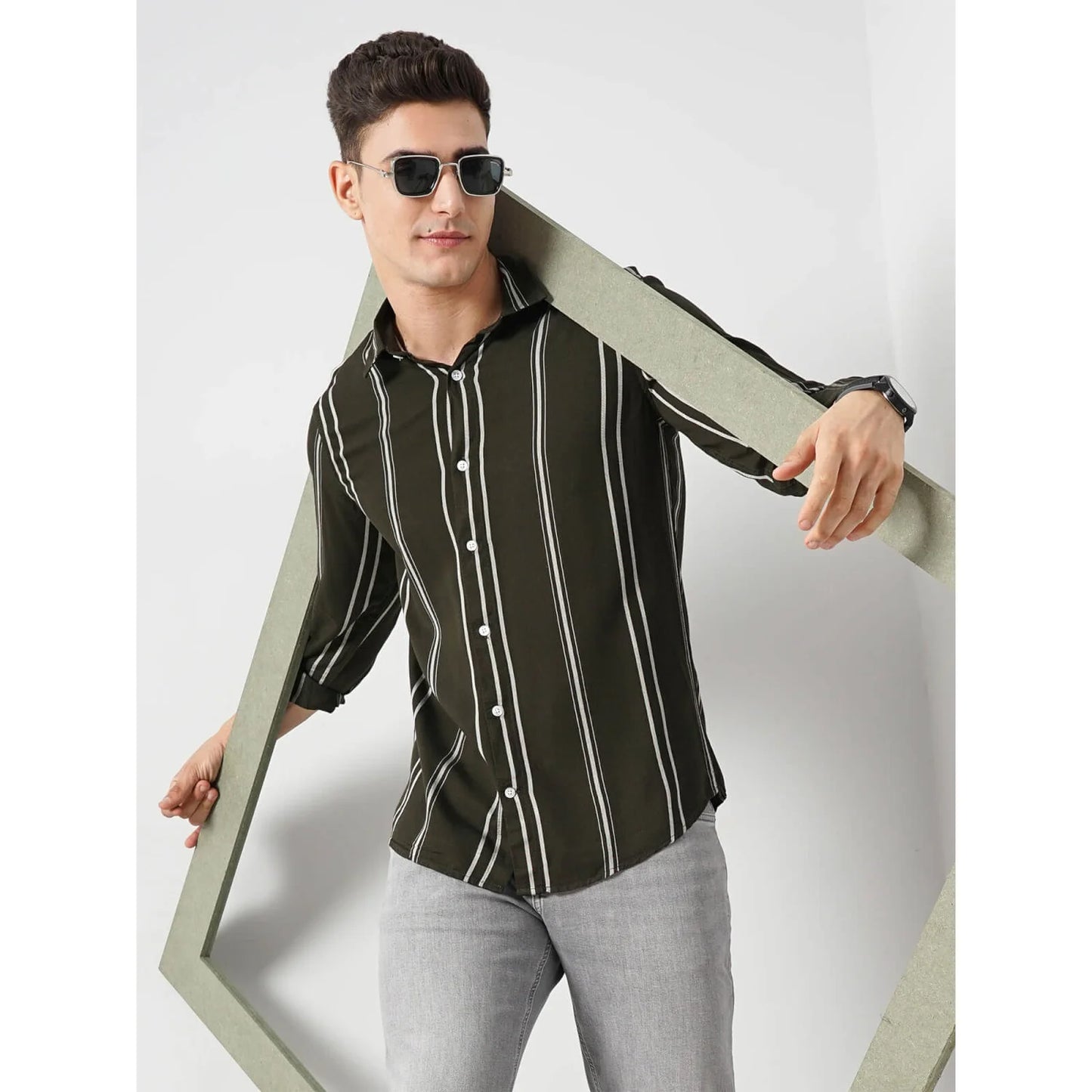 Celio* Striped Regular Fit Viscose Green Shirt