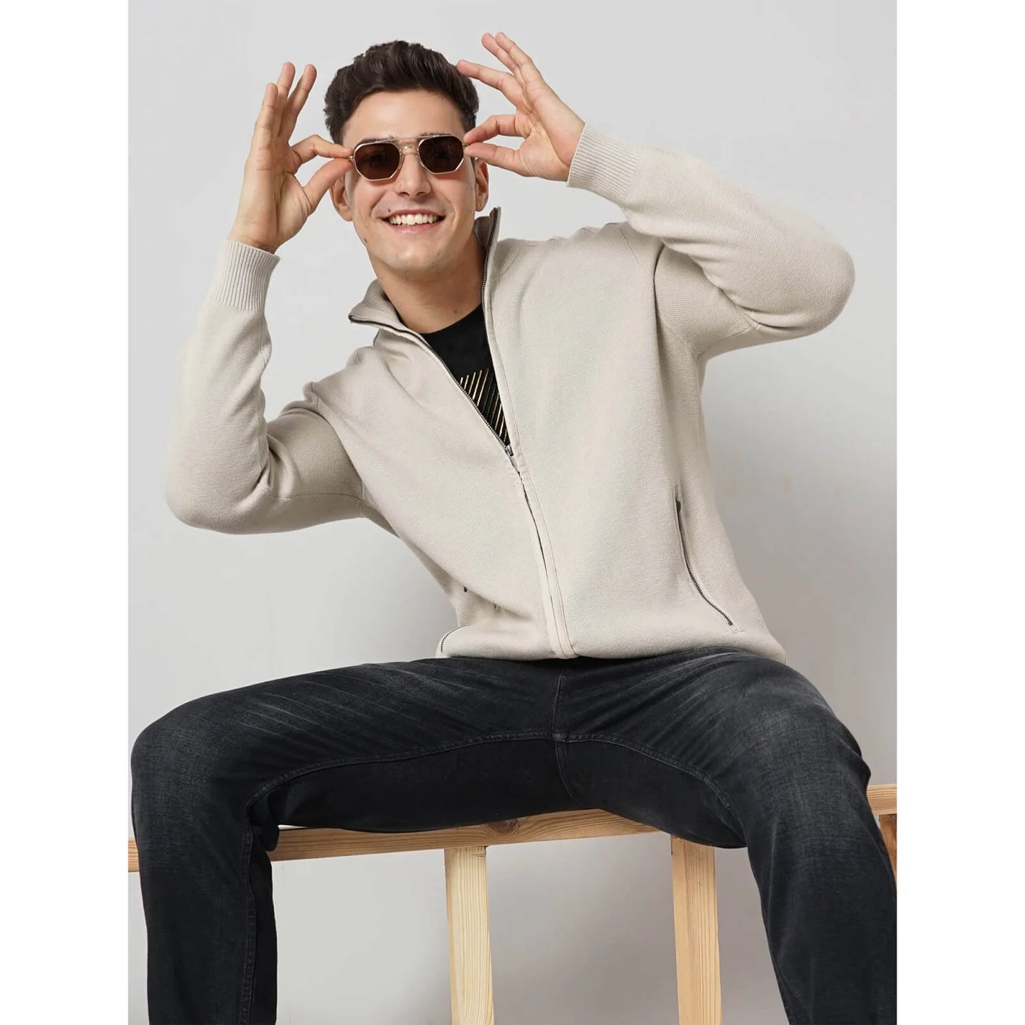 Celio* Solid Regular Fit Cotton Cream Sweater