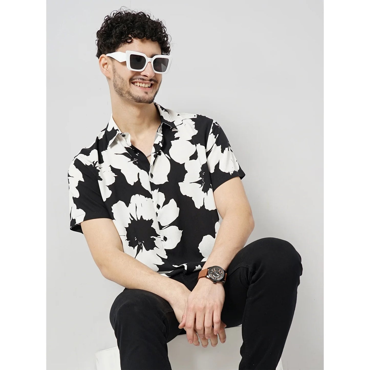 Celio* Floral Regular Fit Viscose Black Shirt