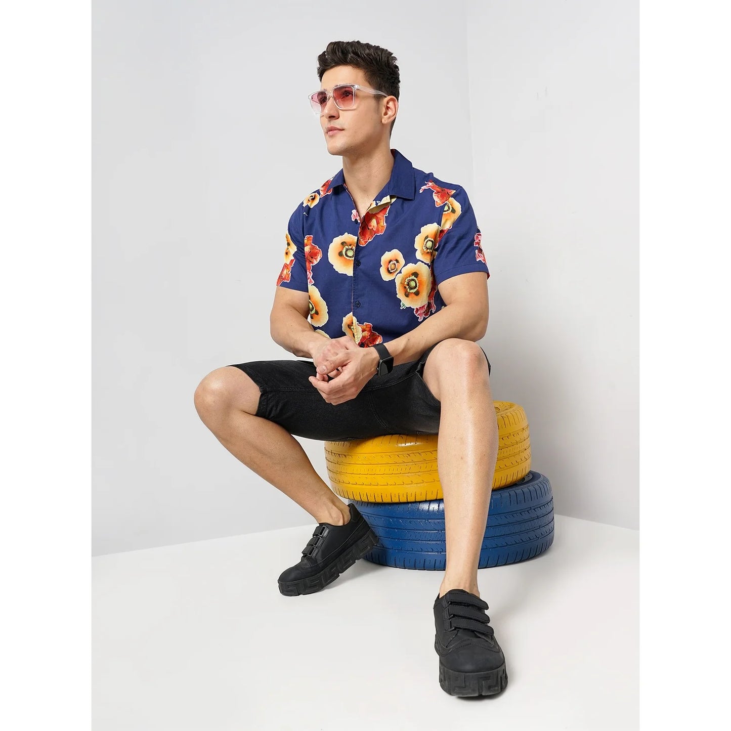 Celio* Floral Regular Fit Cotton Blue Shirt