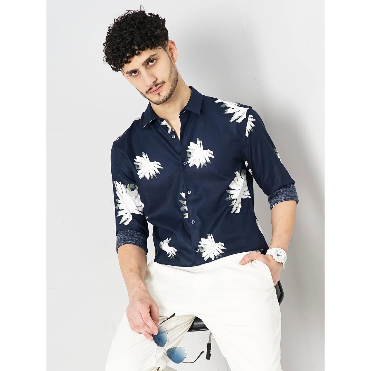 Celio* Abstract Regular Fit Cotton-Blend Navy Blue Shirt