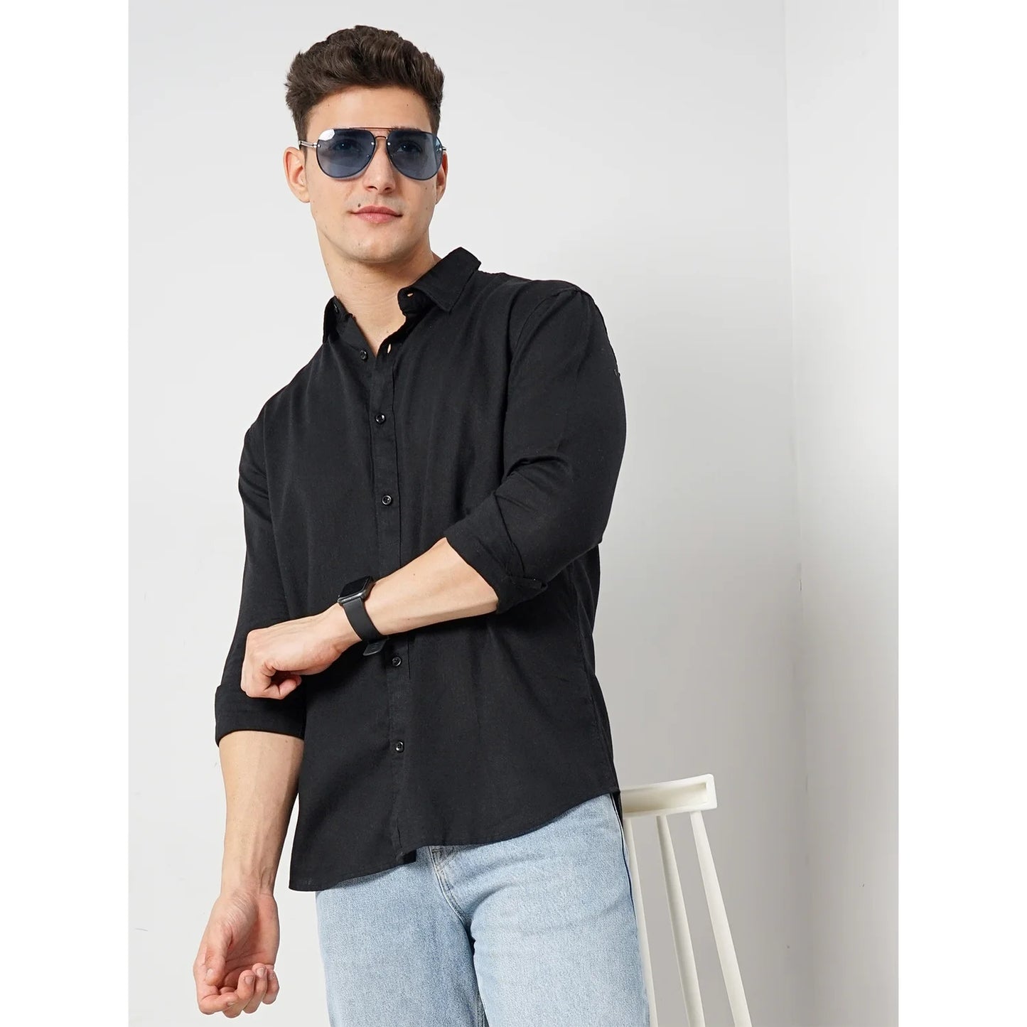 Celio* Solid Regular Fit Linen Black Shirt