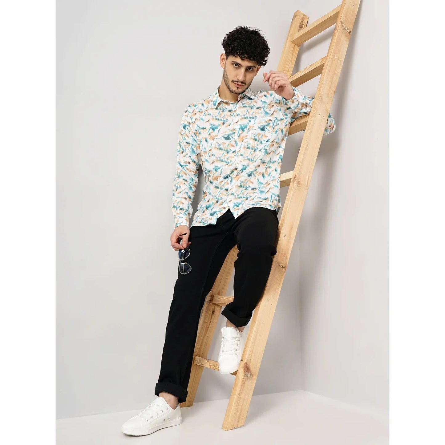 Celio* Printed Regular Fit Linen White Shirt