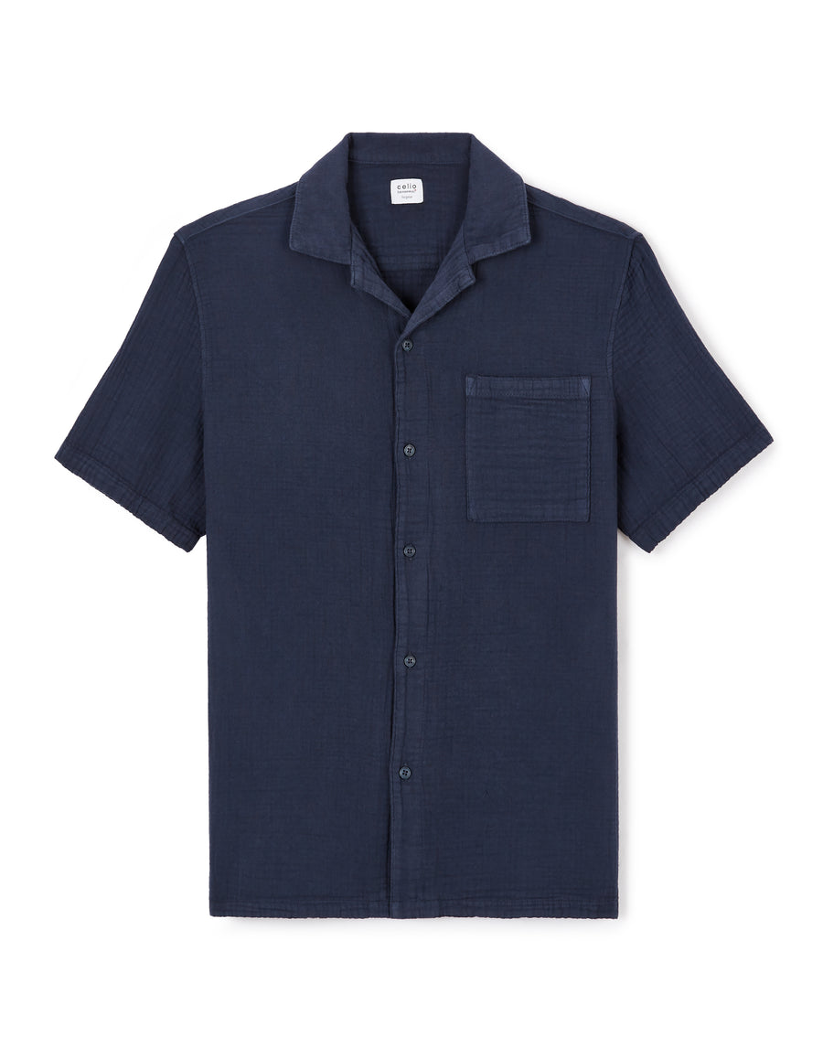 Regular Fit 100% Cotton Cuban Collar Shirt - Navy Blue
