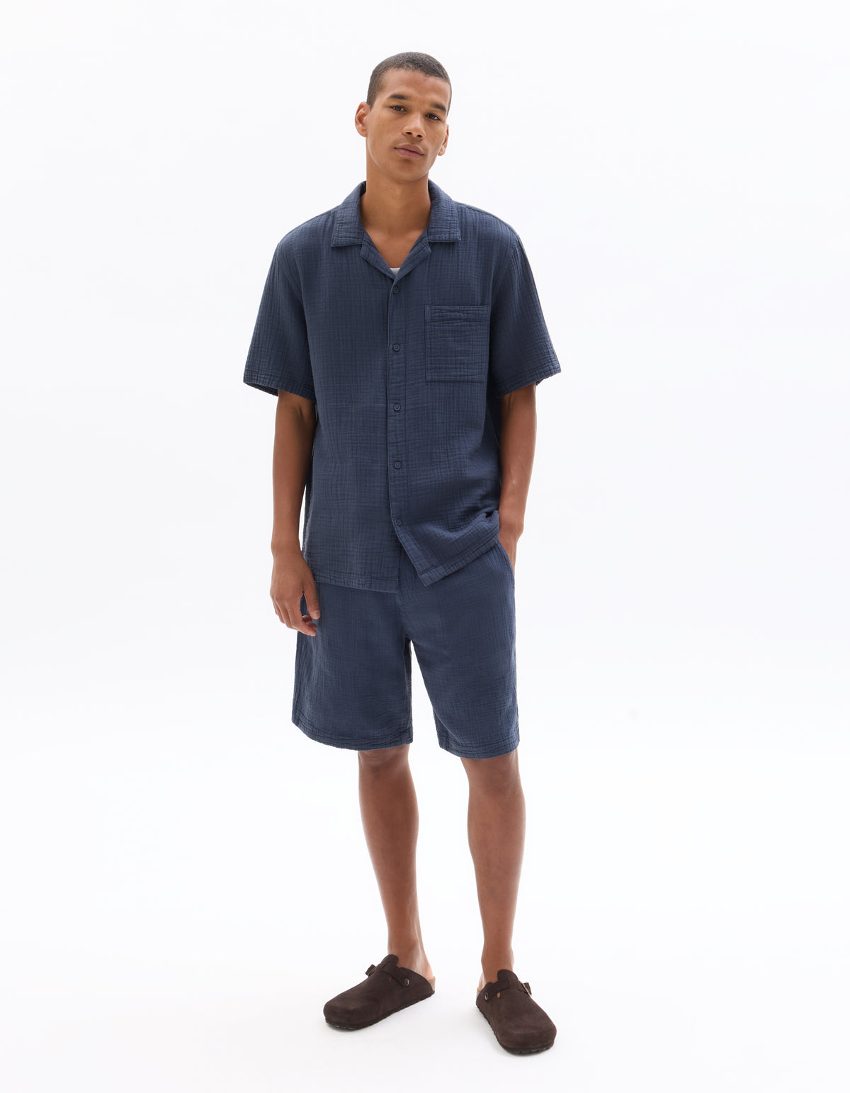 Regular Fit 100% Cotton Cuban Collar Shirt - Navy Blue