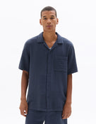 Regular Fit 100% Cotton Cuban Collar Shirt - Navy Blue