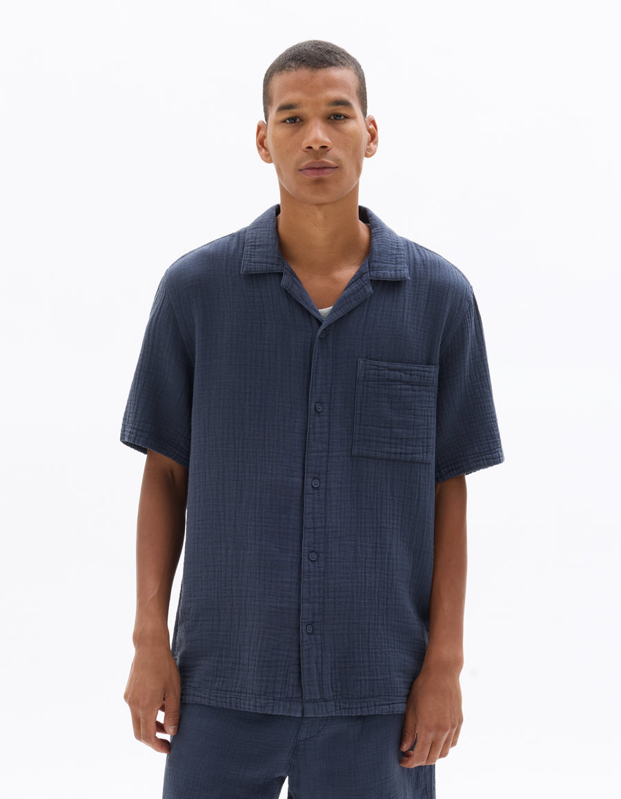 Regular Fit 100% Cotton Cuban Collar Shirt - Navy Blue