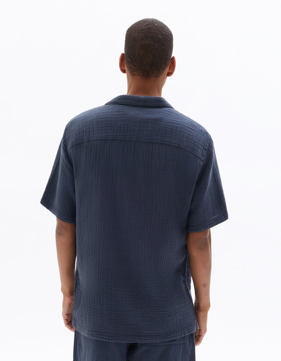 Regular Fit 100% Cotton Cuban Collar Shirt - Navy Blue