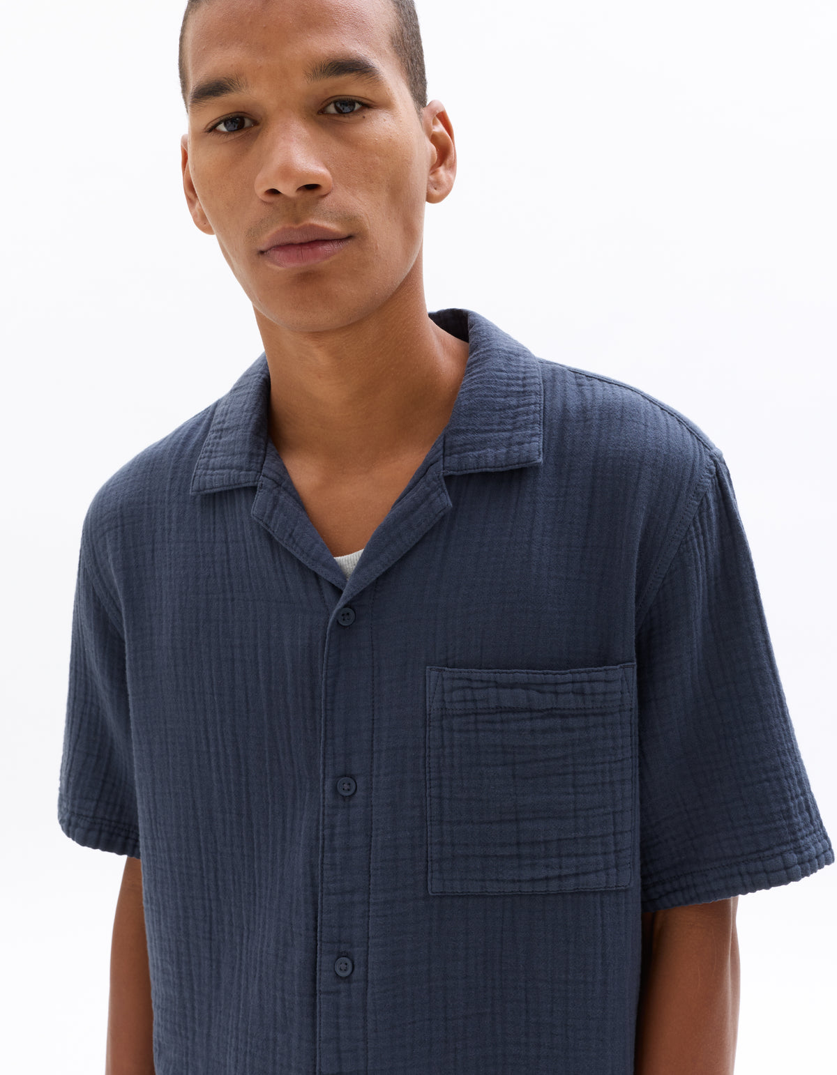 Regular Fit 100% Cotton Cuban Collar Shirt - Navy Blue