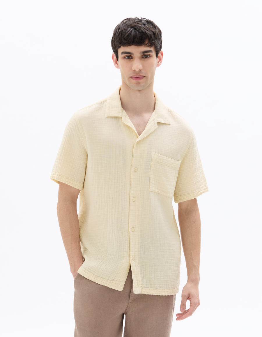 Regular Fit 100% Cotton Cuban Collar Shirt - Cream