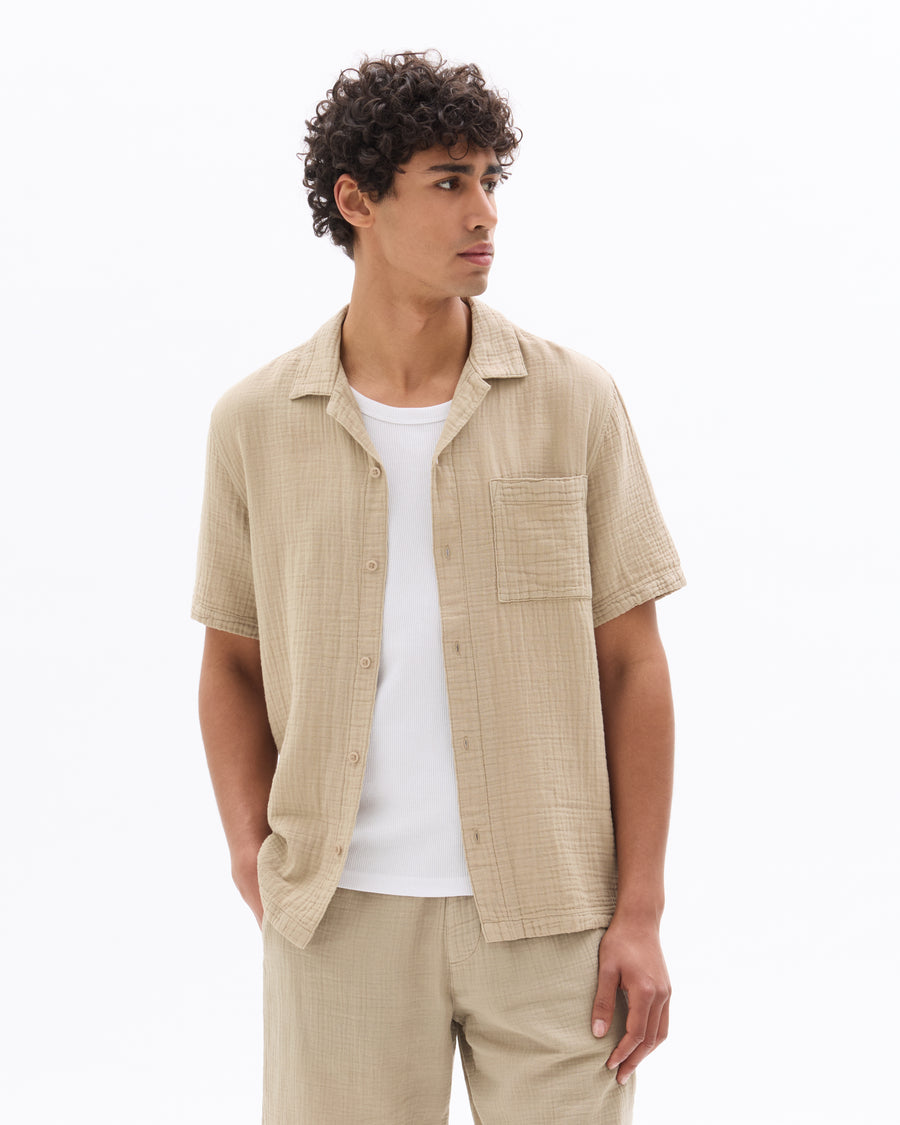 Regular Fit 100% Cotton Cuban Collar Shirt - Brown
