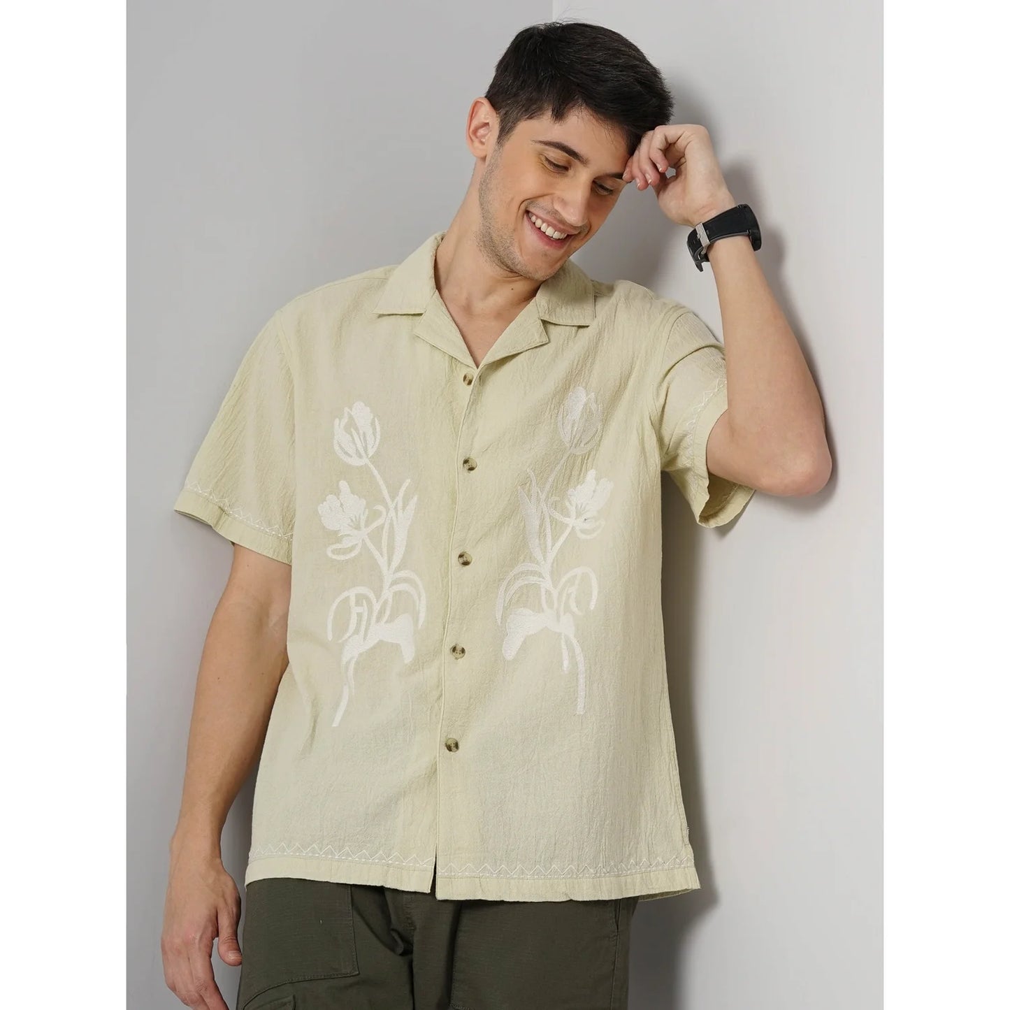 Celio* Printed Regular Fit Cotton Green Shirt