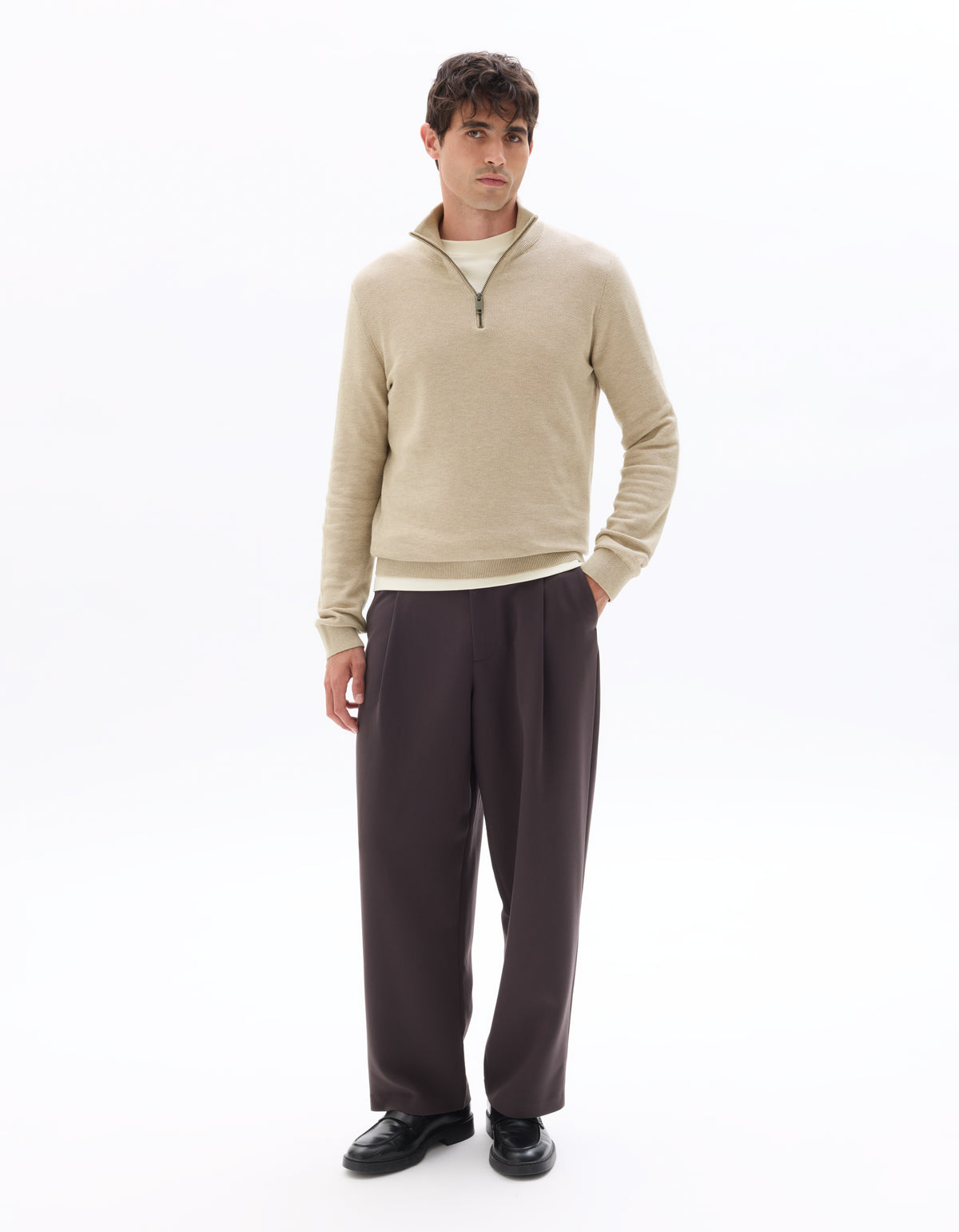 Regular Fit 100% Cotton High Neck Sweater - Beige