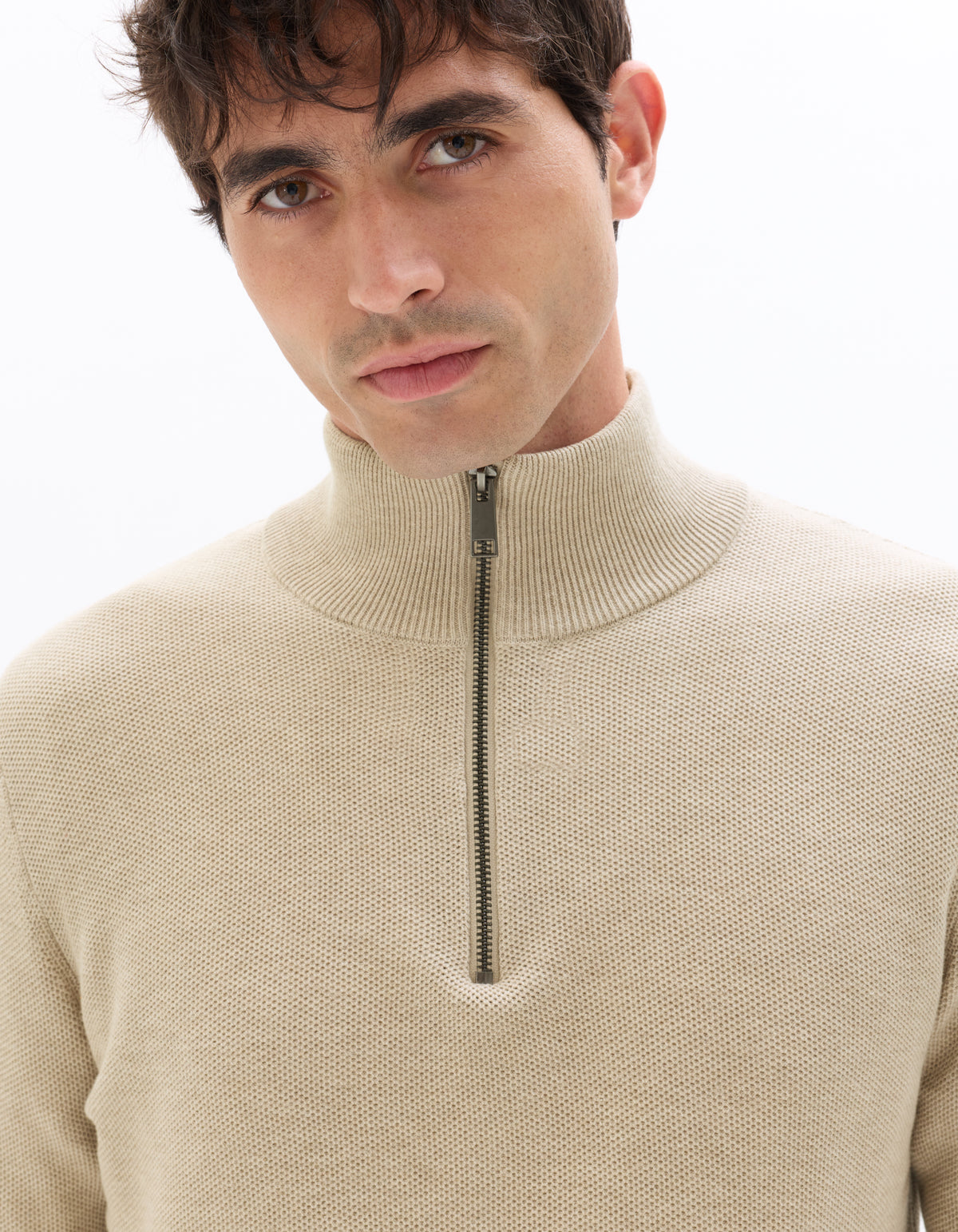 Regular Fit 100% Cotton High Neck Sweater - Beige