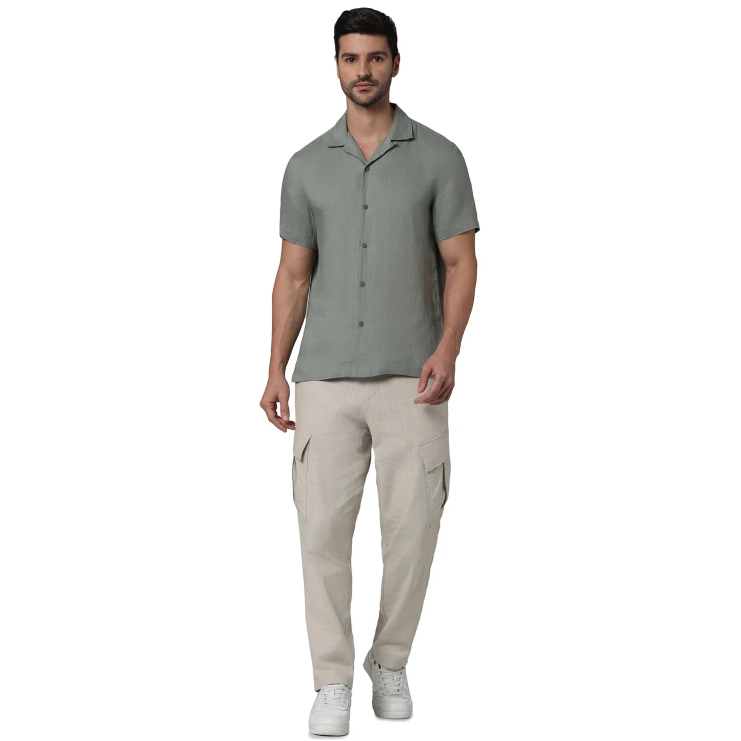 Celio* Solid Regular Fit Linen Olive Shirt