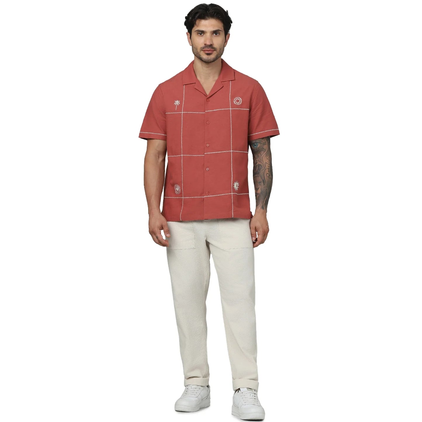 Celio* Embroidered Regular Fit Viscose Red Shirt