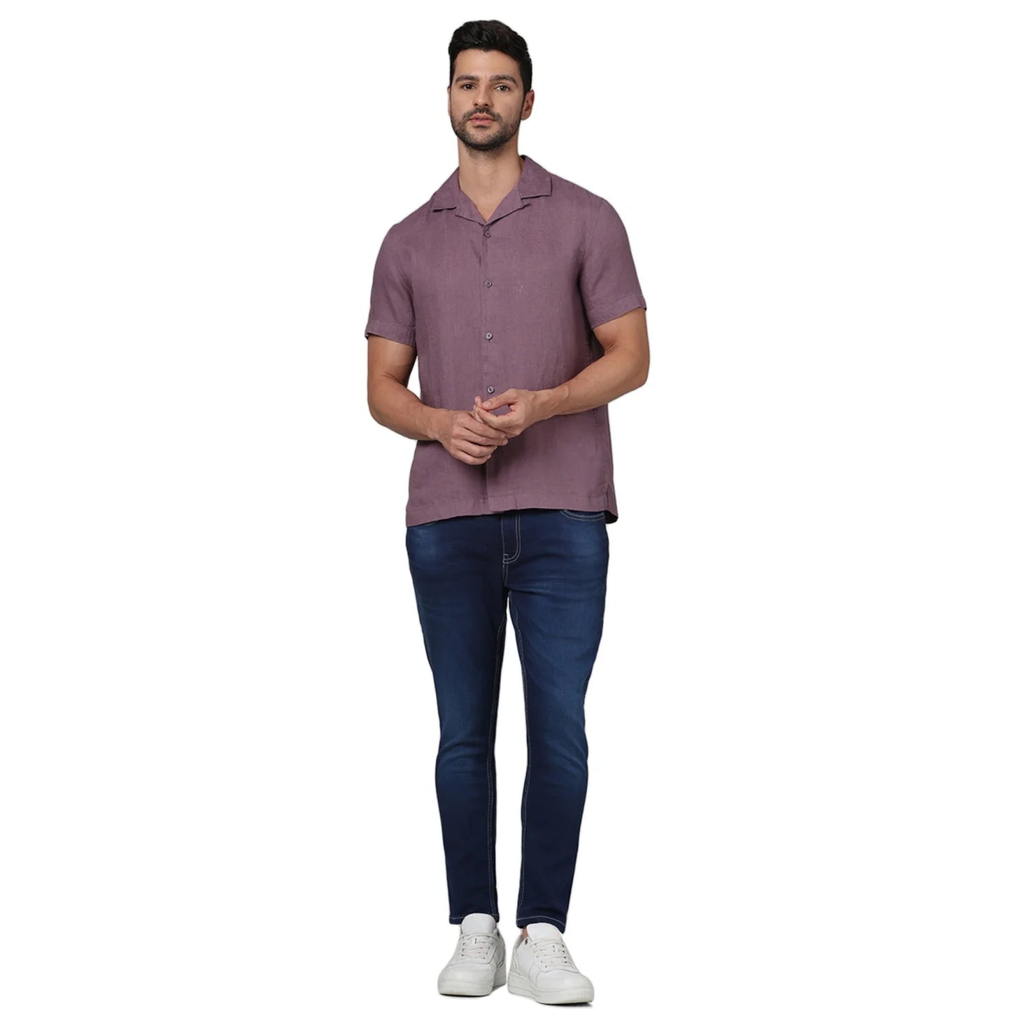 Celio* Solid Regular Fit Linen Purple Shirt