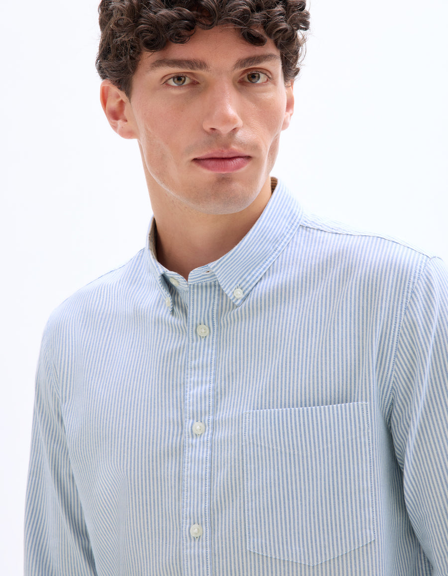 Regular Fit 100% Cotton Striped Spread Collar Shirt - Blue