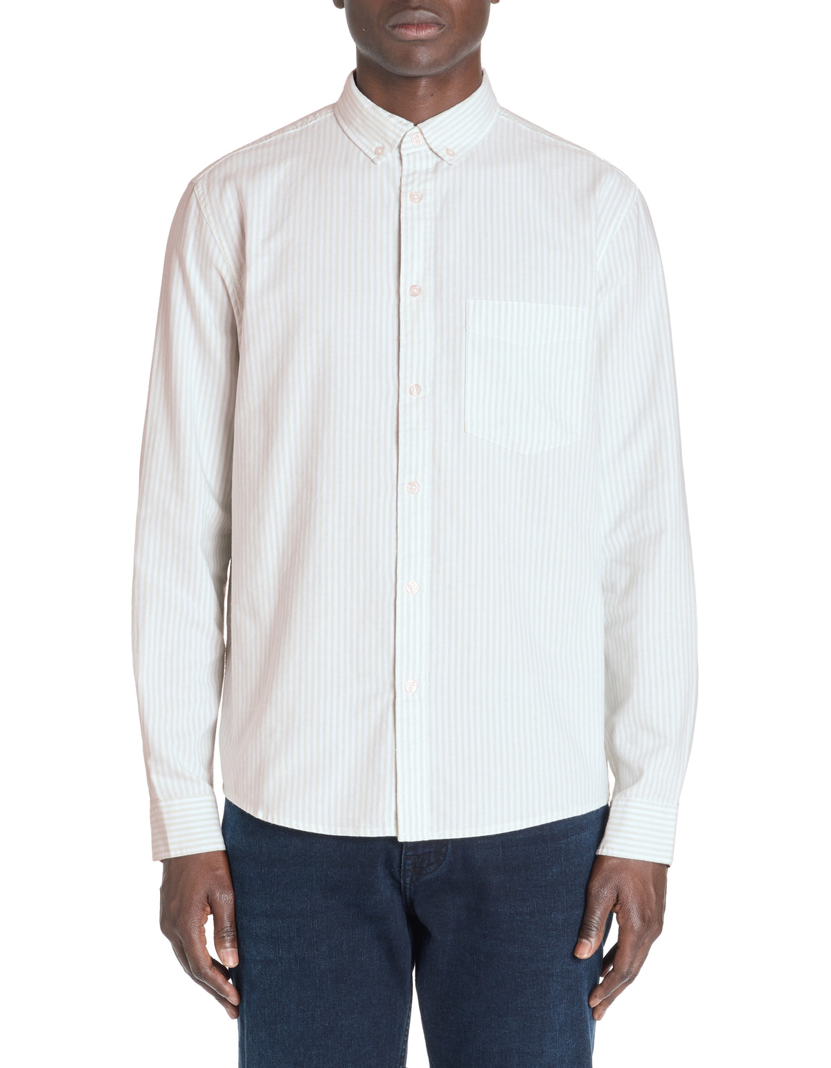 Regular Fit 100% Cotton Striped Button Down Collar Shirt - Green