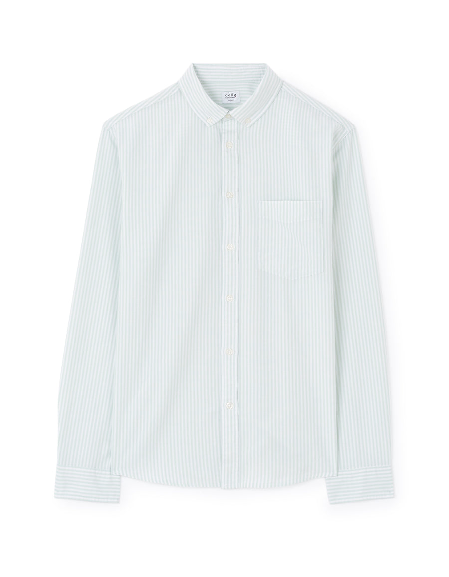 Regular Fit 100% Cotton Striped Button Down Collar Shirt - Green